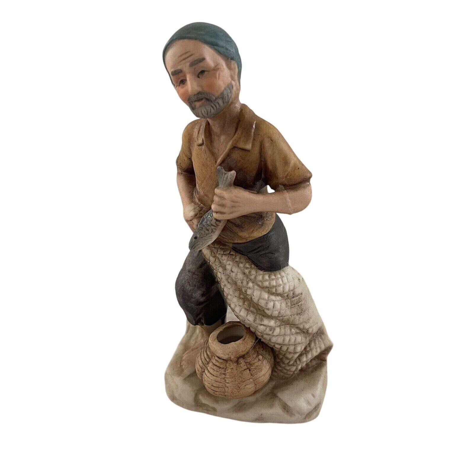 Vintage KSM Porcelain Figurine Old Fisherman Holding Net Fish Basket REPAIRED
