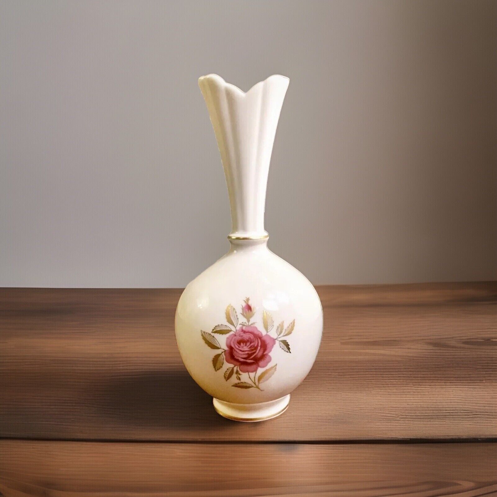 Vintage LENOX Bud Vase Rhodora Pattern Cream with Rose & Gold Trim