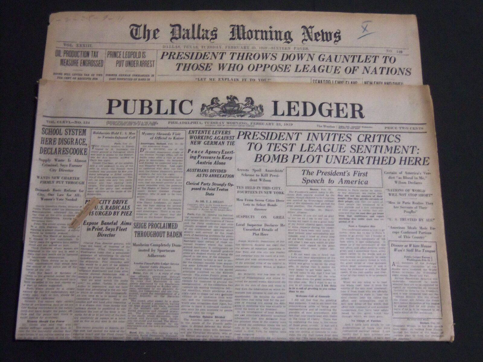1919 FEBRUARY 25 WILSON & LEAGUE NEWSPAPER LOT OF 2 - PUBLIC LEDGER - NP 2700