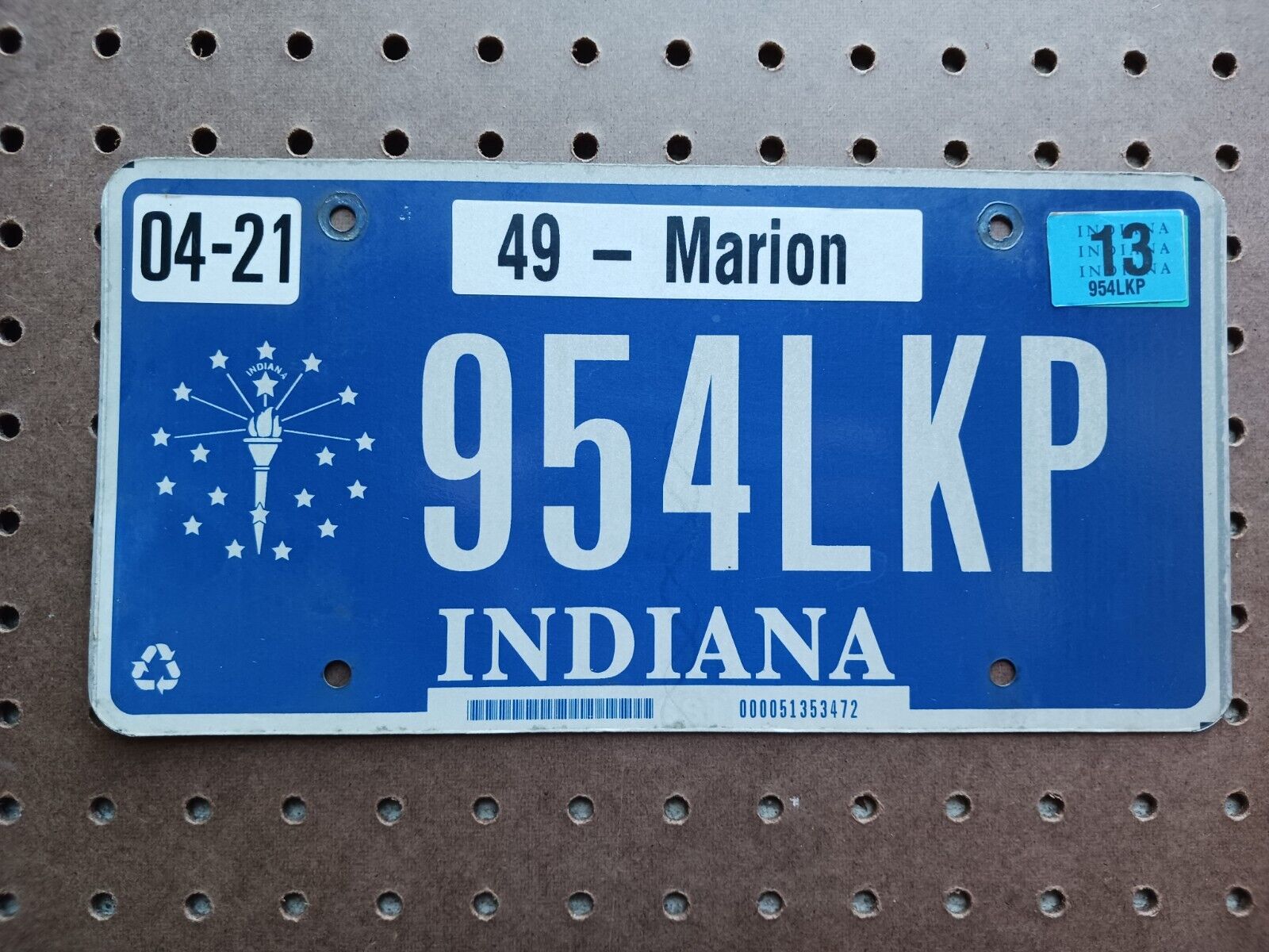 2013 Indiana Auto Car Truck License Plate 954LKP