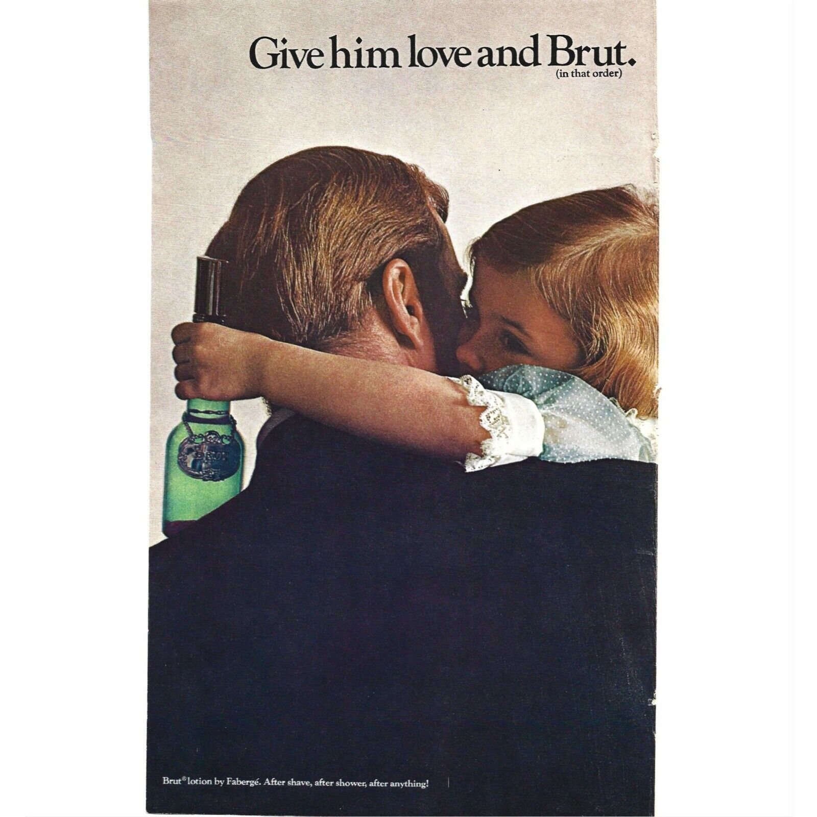 Give Him Love an Brut Lotion Faberge 1980s Vintage Print Ad 9 inch