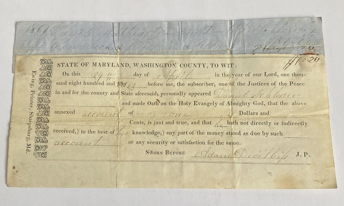 Antique 1862 Washington County Maryland Debt Judgement, Receipt attached w/ wax