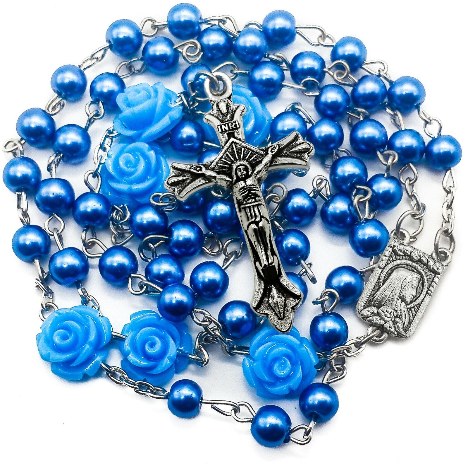 Catholic Blue Pearl Beads Rosary Necklace Our Rose Flowers Lourdes Medal Cross