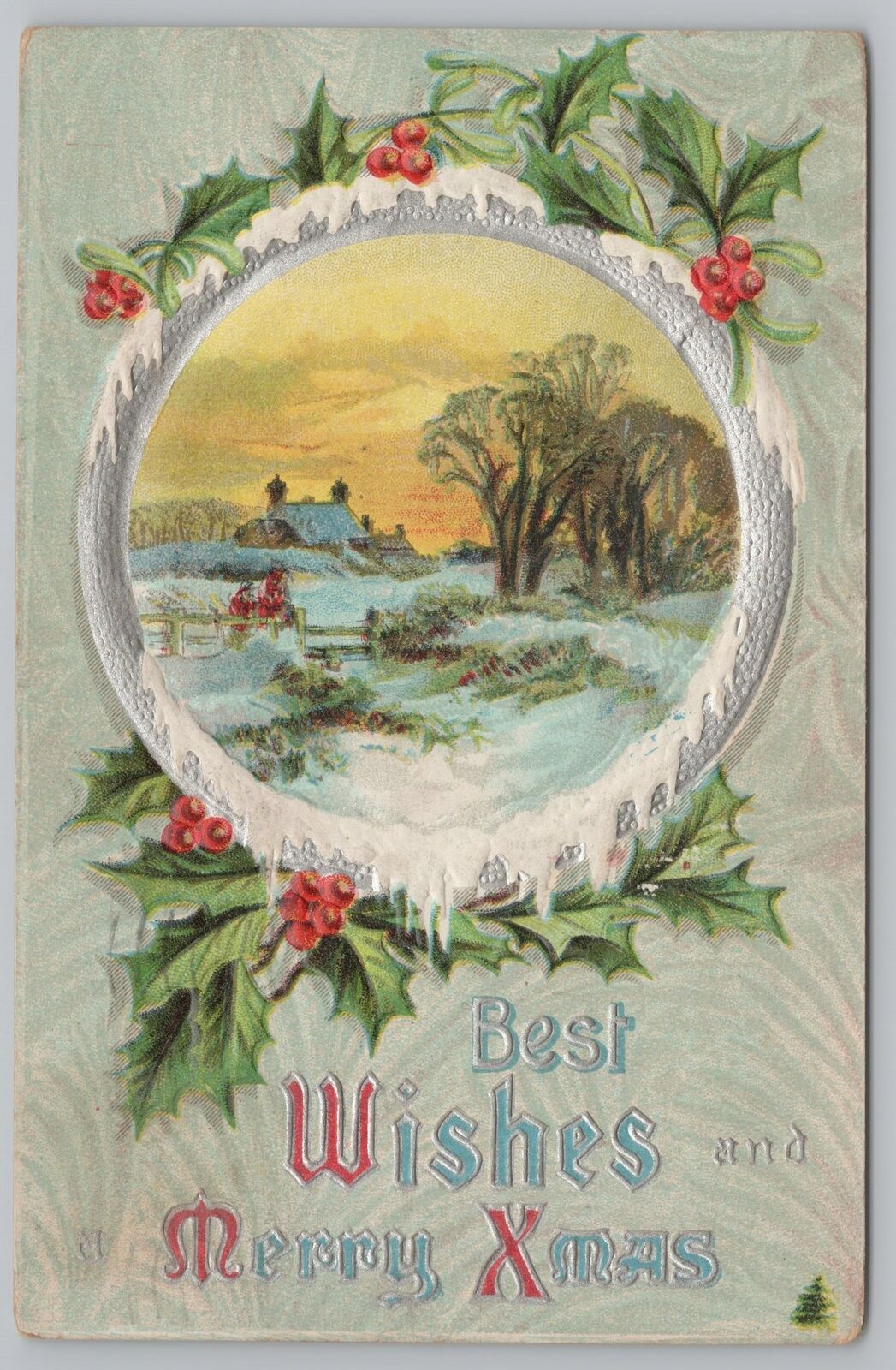 Holiday~Christmas~Winter View @ Dusk~Holly~Vintage Postcard
