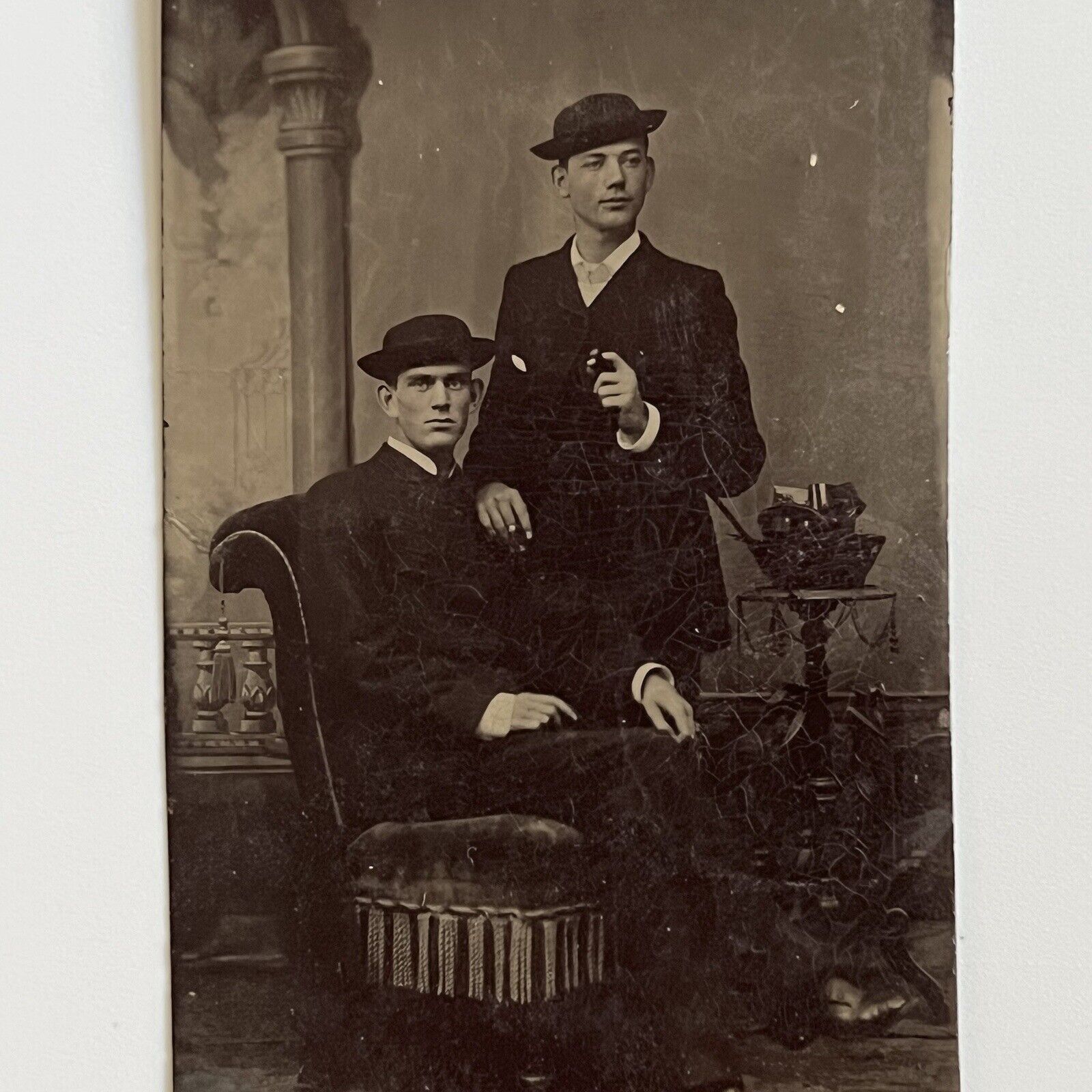 Antique Tintype Photograph Handsome Young Men Affectionate Rascal Smoking Cigar