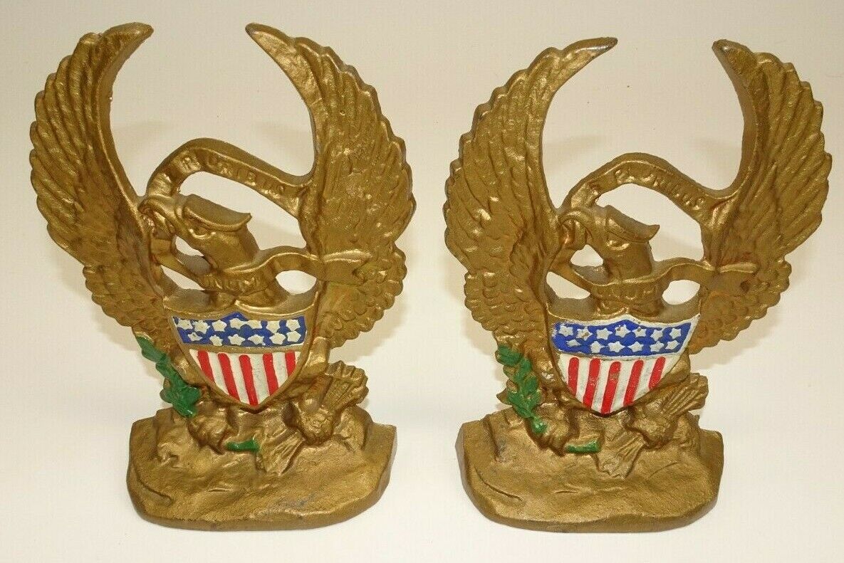 Vintage Cast Iron Eagle Gold Enamel Bookends #665 E Pluribus Unum Brass Flag