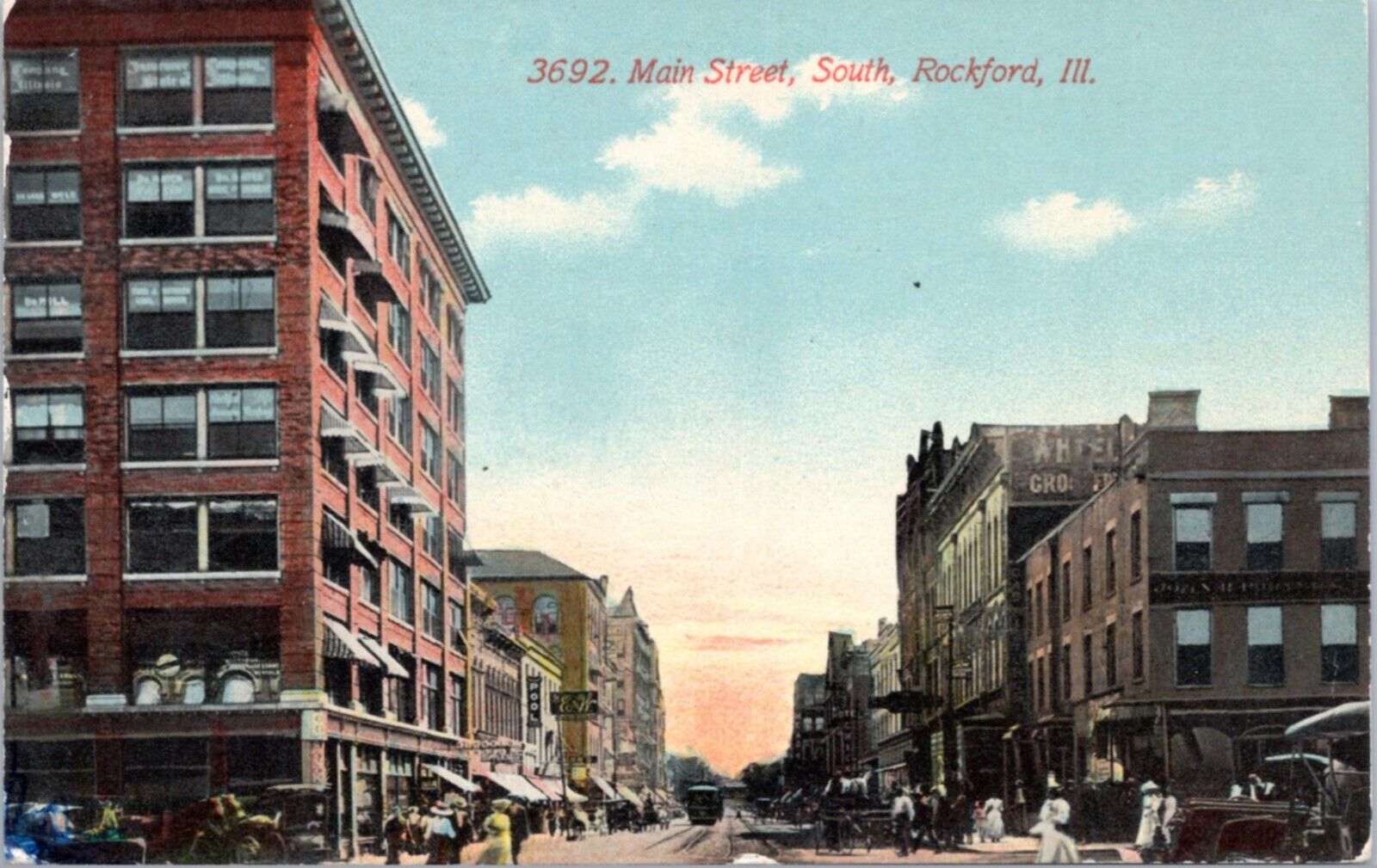 Postcard IL Rockford -  Main Street - Pool hall, Grocer