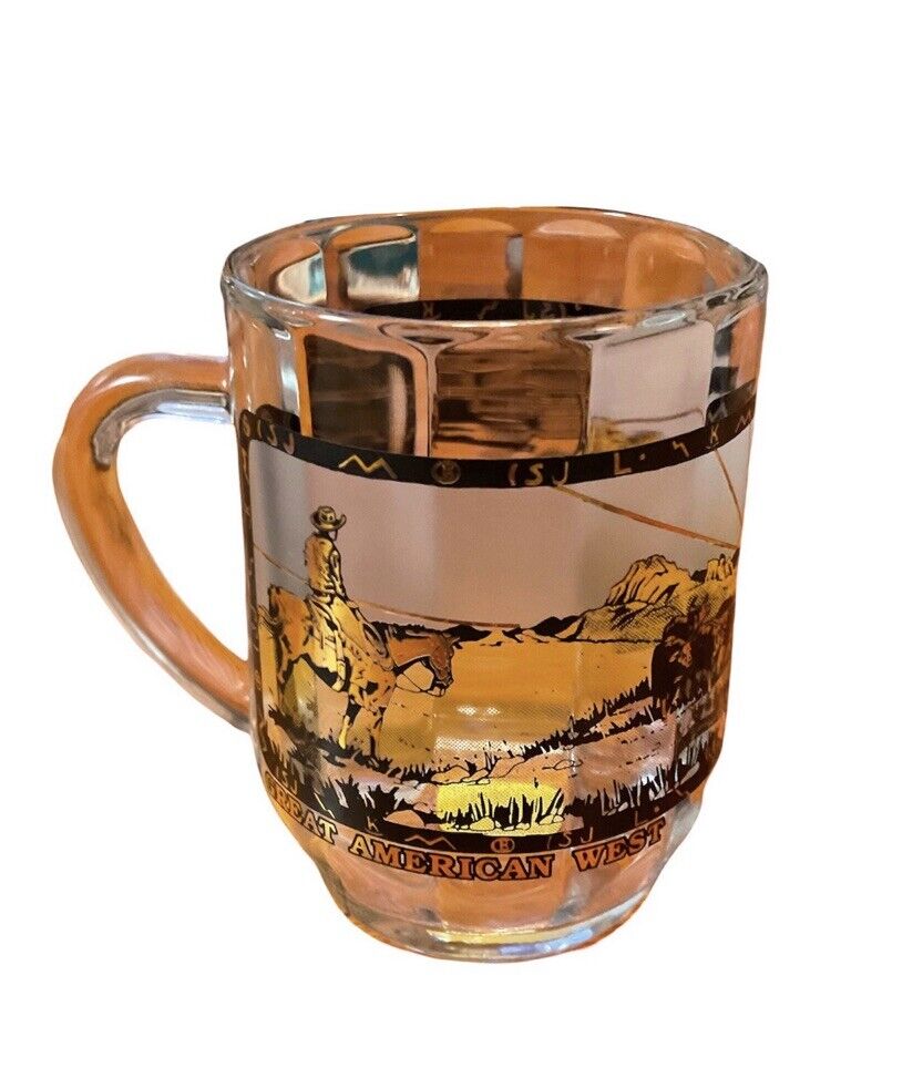 Cowboy Great American West  Glass 22kt Souvenir Mug Gold Painted 1960