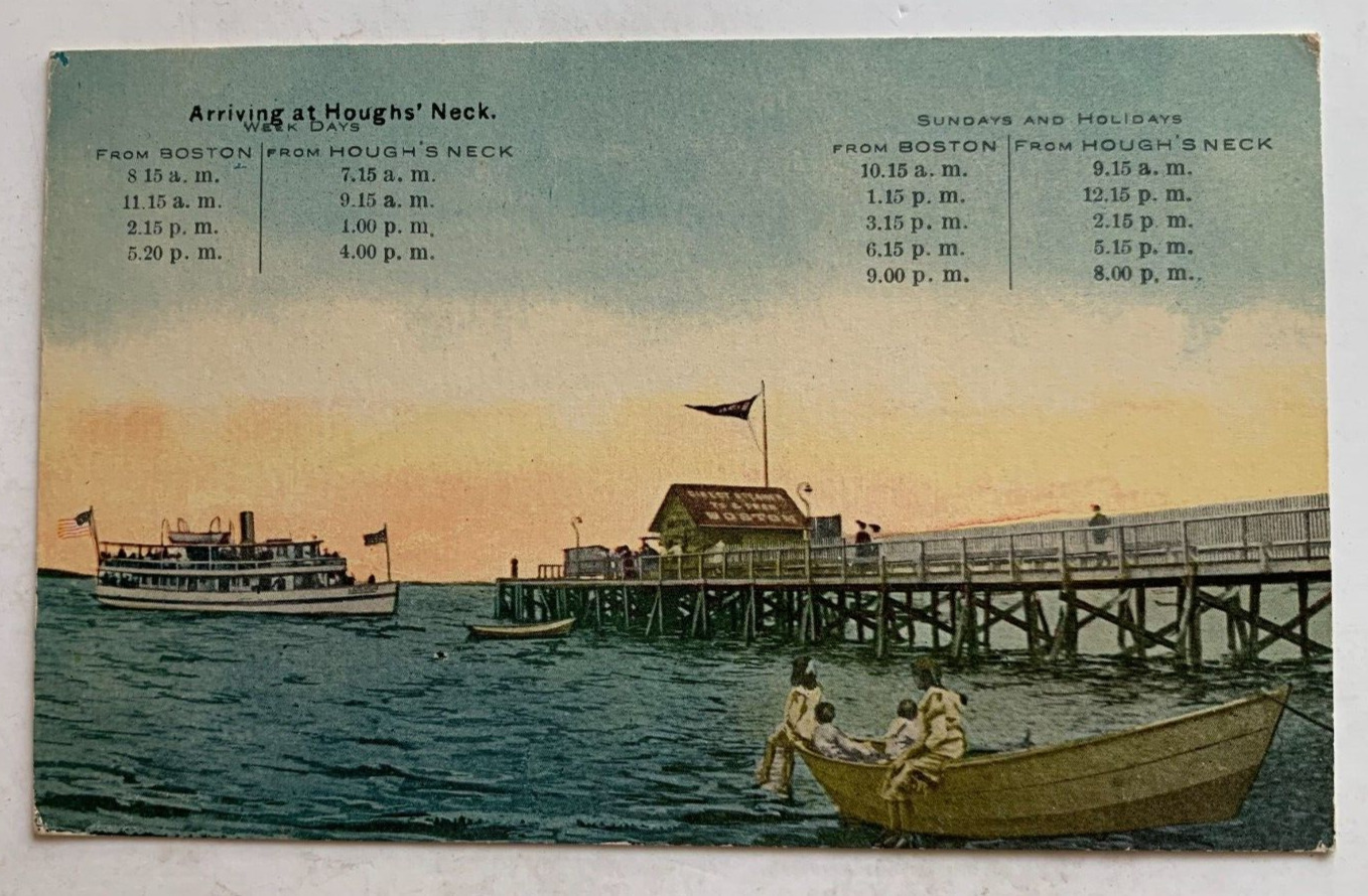 ca 1900s MA Postcard Houghs Neck Massachusetts Steamer to Boston ship timetable