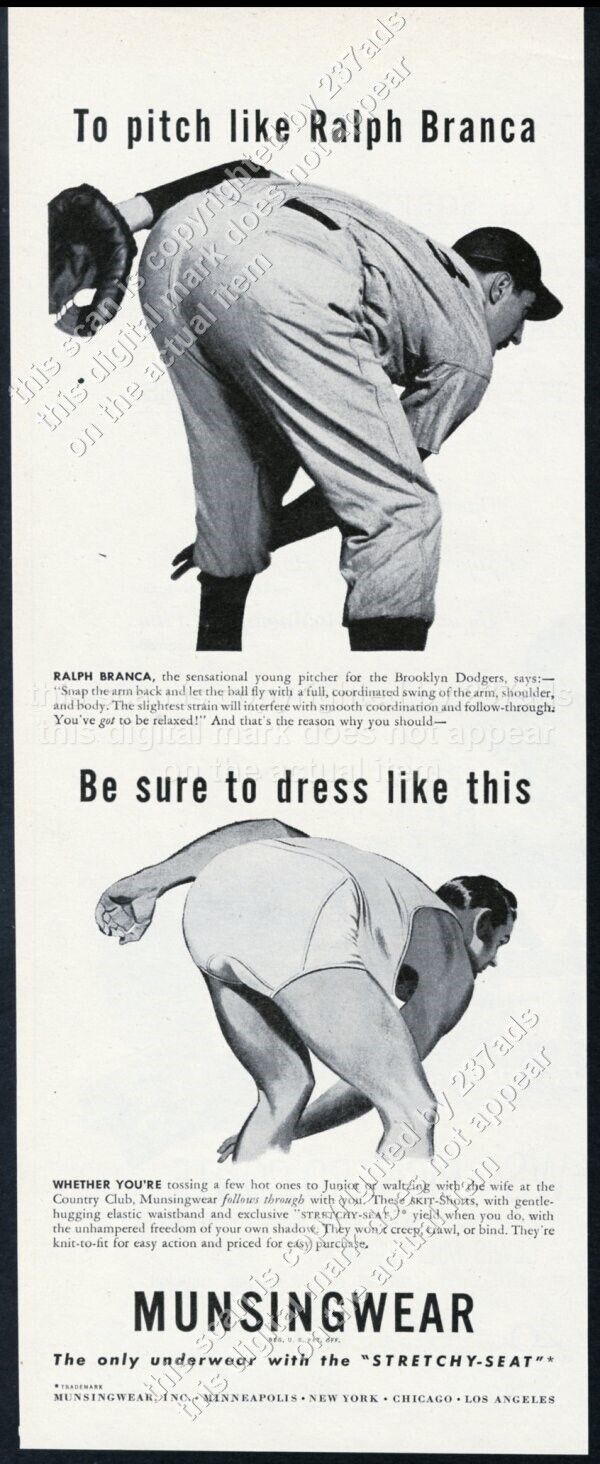 1946 Munsingwear men\'s underwear pitcher Ralph Branca photo vintage print ad