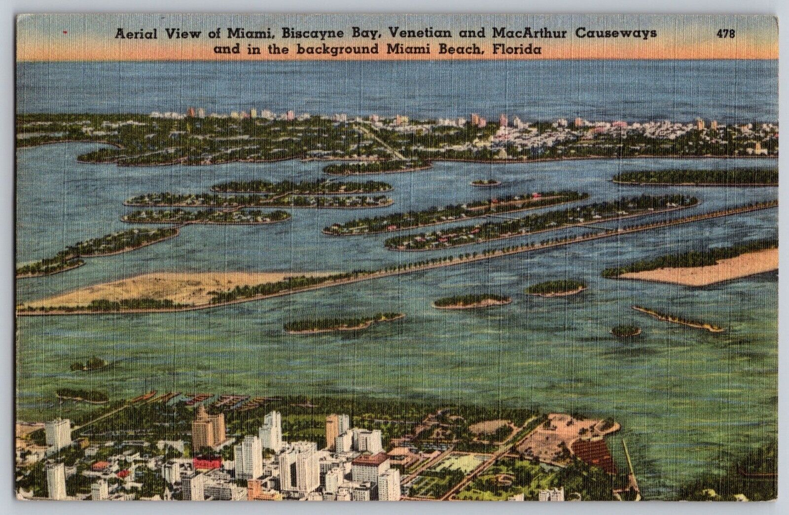 Postcard 1952 Aerial View Of Miami Biscayne Bay Miami Beach Florida D1