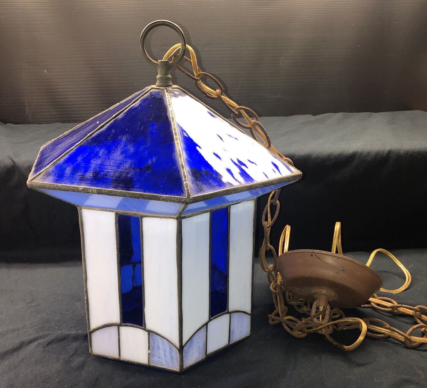 Vintage Blue, White & Delft Blue Stained Glass Swag Lamp