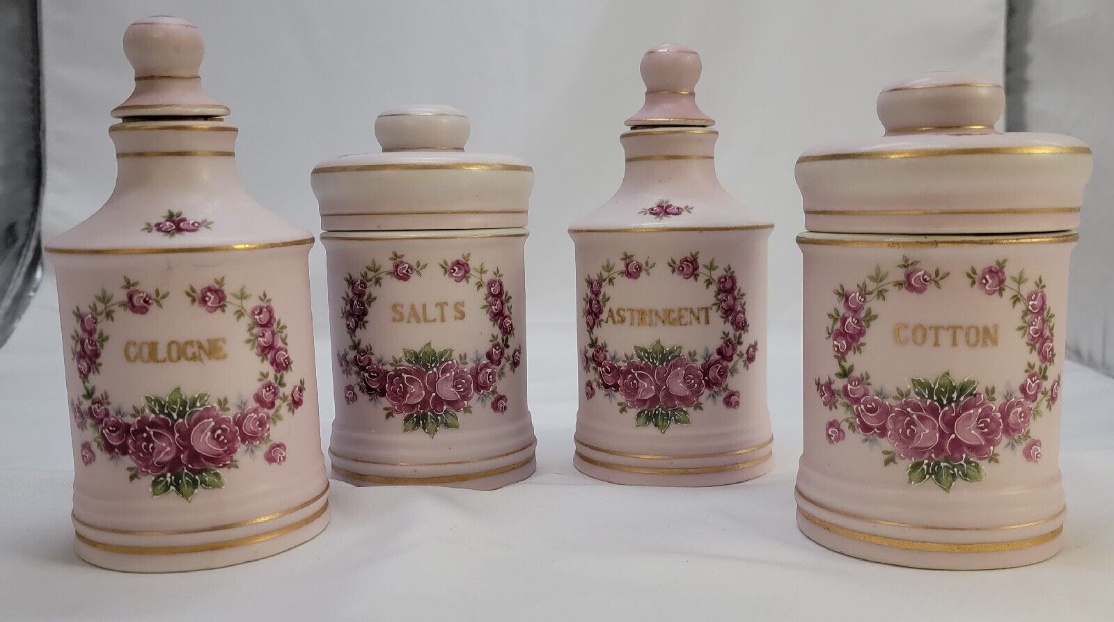 Vintage Apothecary Vanity Jar Set Lavender Pink Handpainted Floral Gold Trim