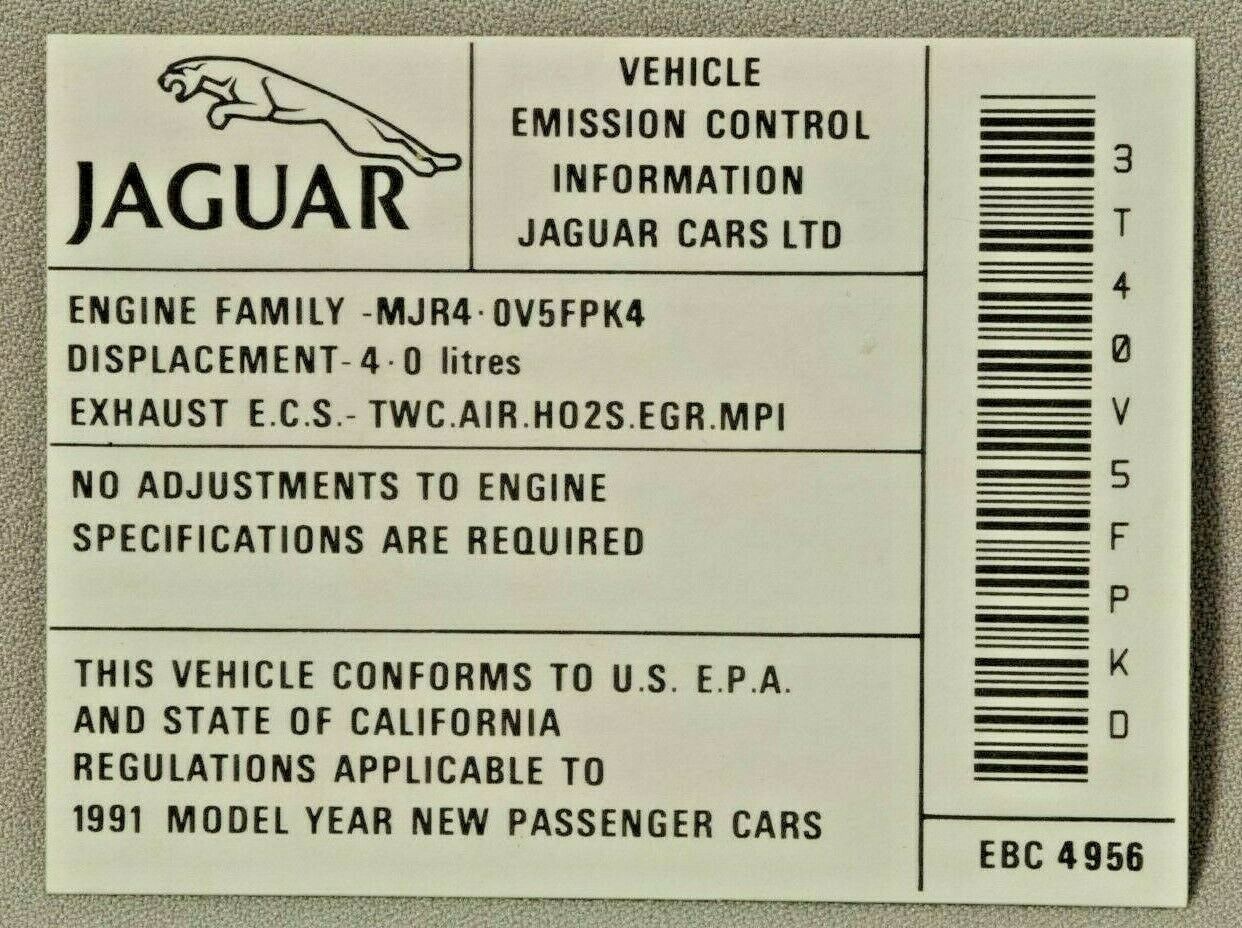 Jaguar  1991 Underhood Emission Sticker.  XJ40 4.0 NEW EBC-4956