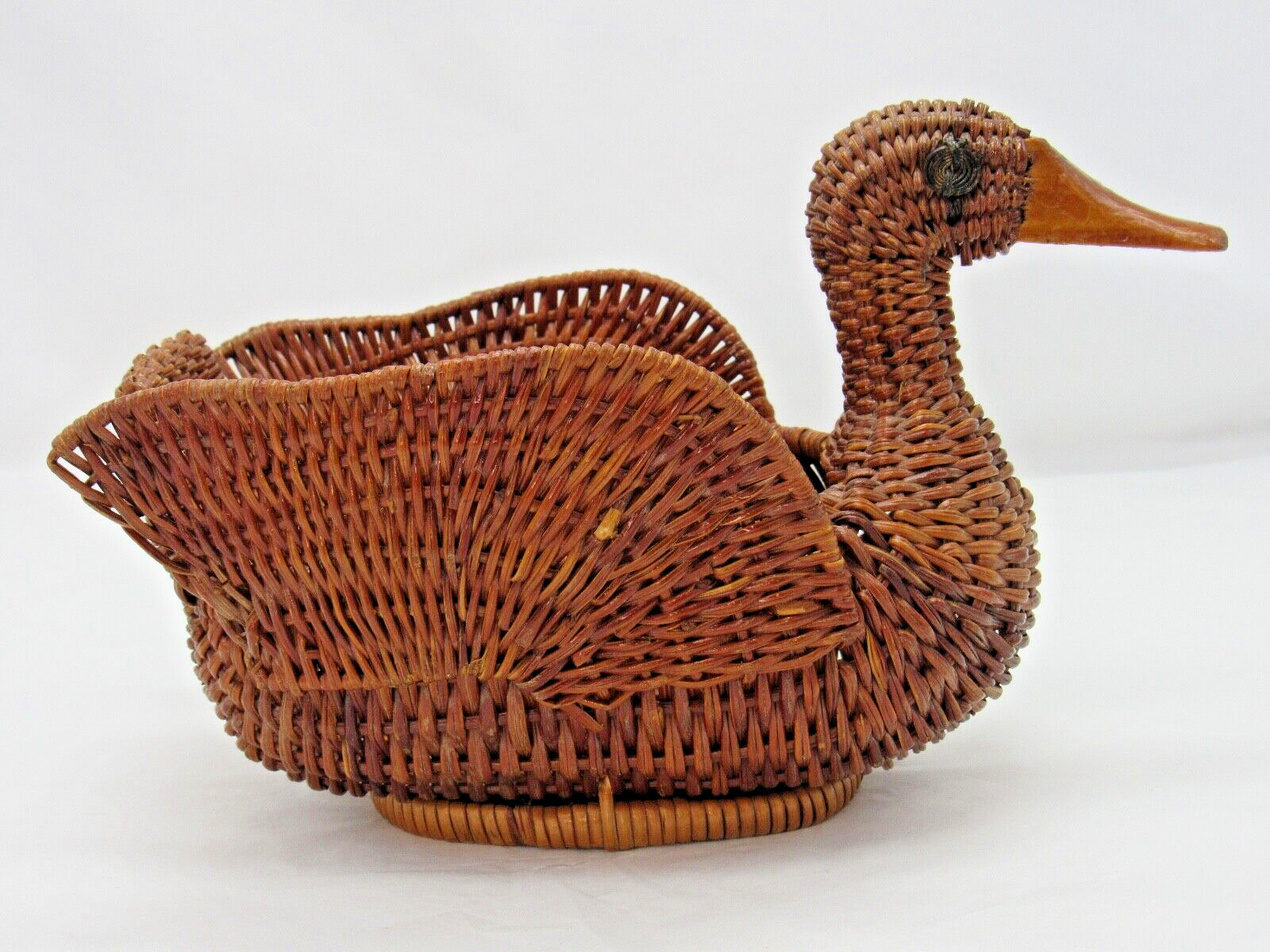 Vintage Ratan Wicker Duck Basket Open Planter Pot Woven Swan Mallard Goose Bird
