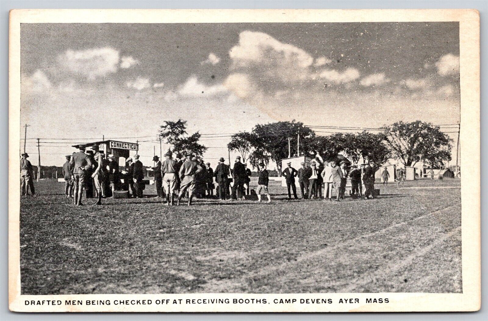 Postcard Drafted Men being Checked off at Receiving Booths, Camp Devens MA O73