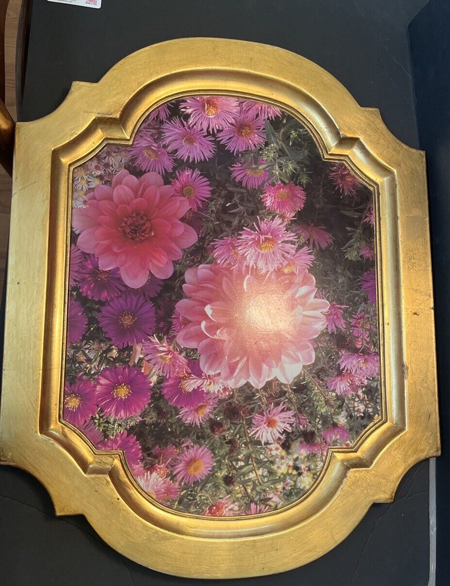 VTG Italian Oversized Faux Wood Floral Serving Tray Gold & Daisies 24\