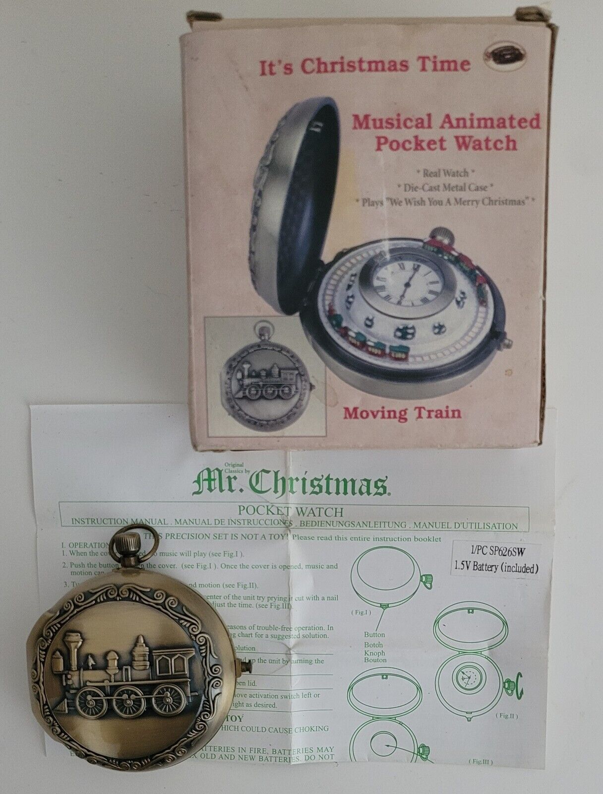 Mr Christmas Animated Train Pocket Watch Clock Musical Railroad Music Box