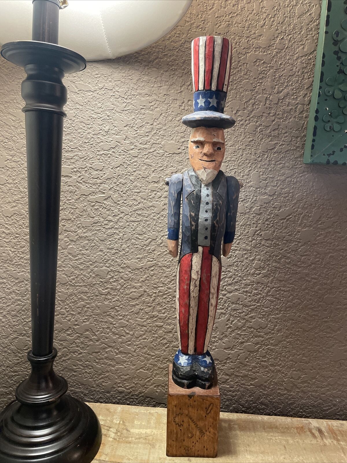 Vintage Patriotic Uncle Sam Painted Wood And Hand-carved 18 Inches Tall