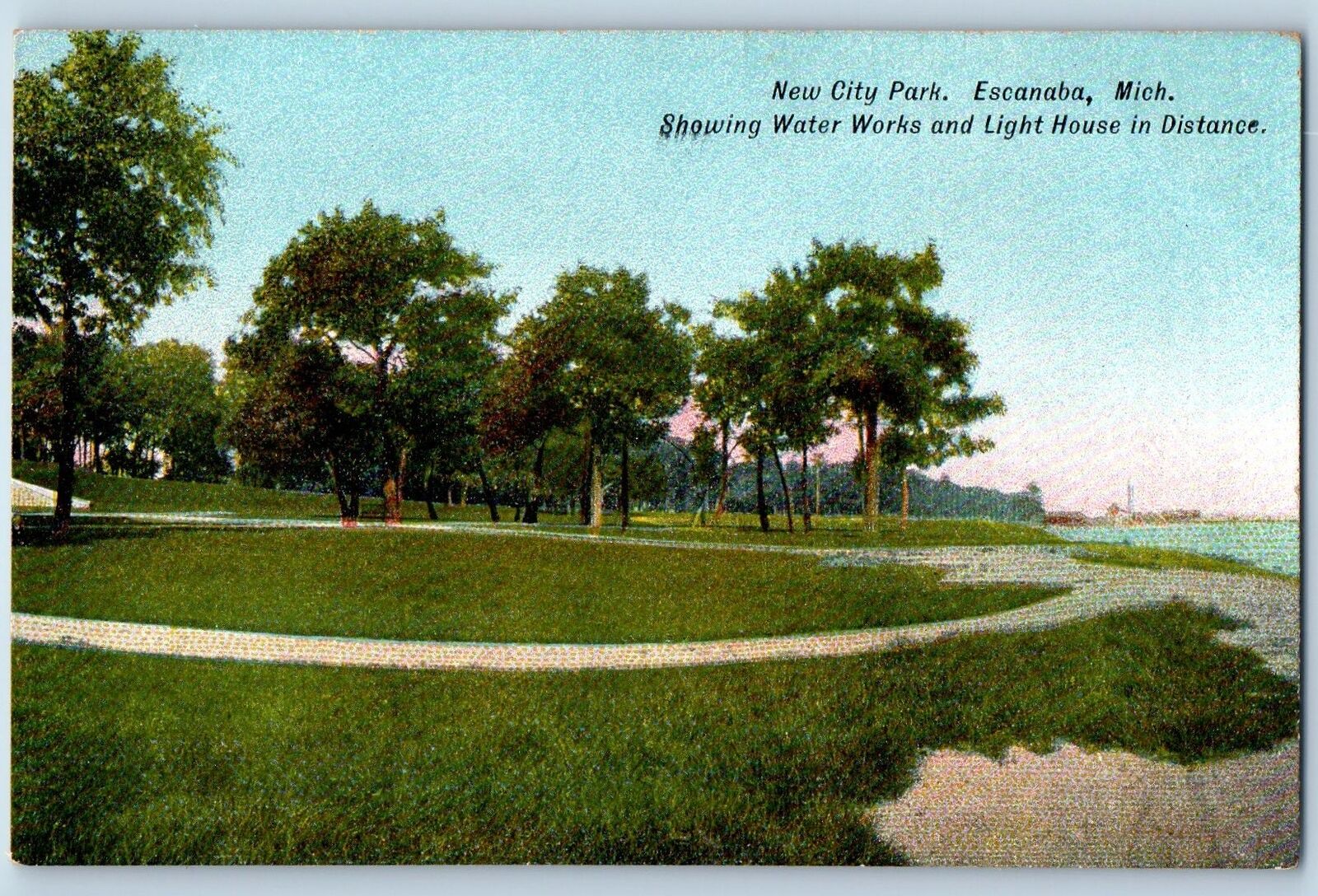 c1905's New City Park Showing Water Works Lighthouse Escanaba Michigan Postcard