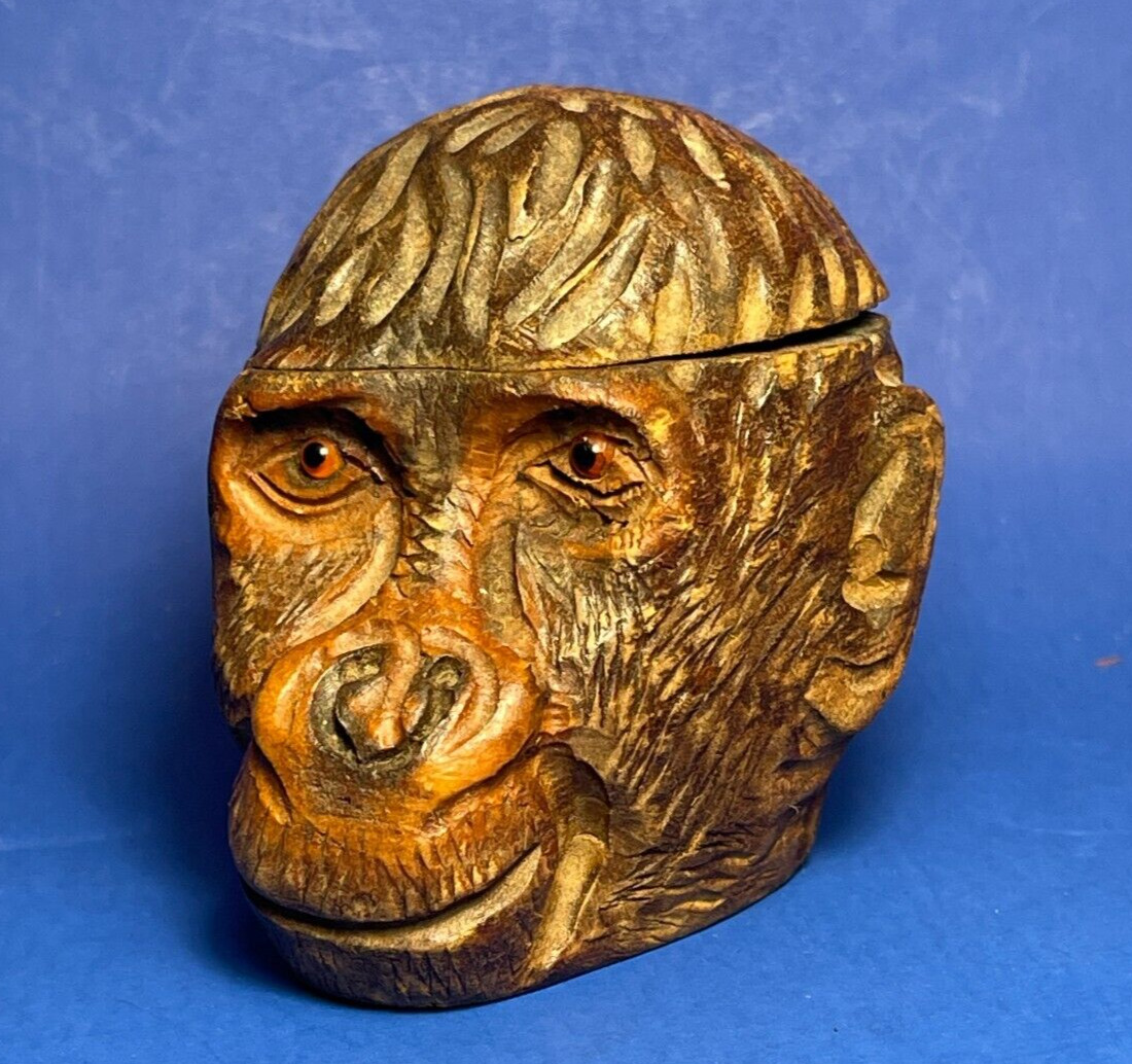 Black Forest Monkey Head Inkwell Glass Eyes Carved Wood
