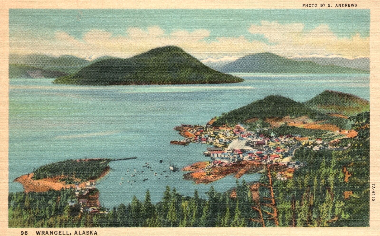Vintage Postcard Aerial View Of Residences Buildings Near Ocean Wrangell Alaska