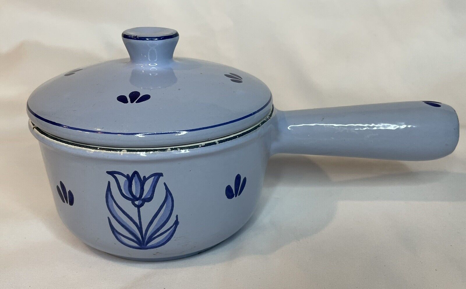 Vintage DRU Blue Tulip Small  Enameled Cast Iron Saucepan with Lid