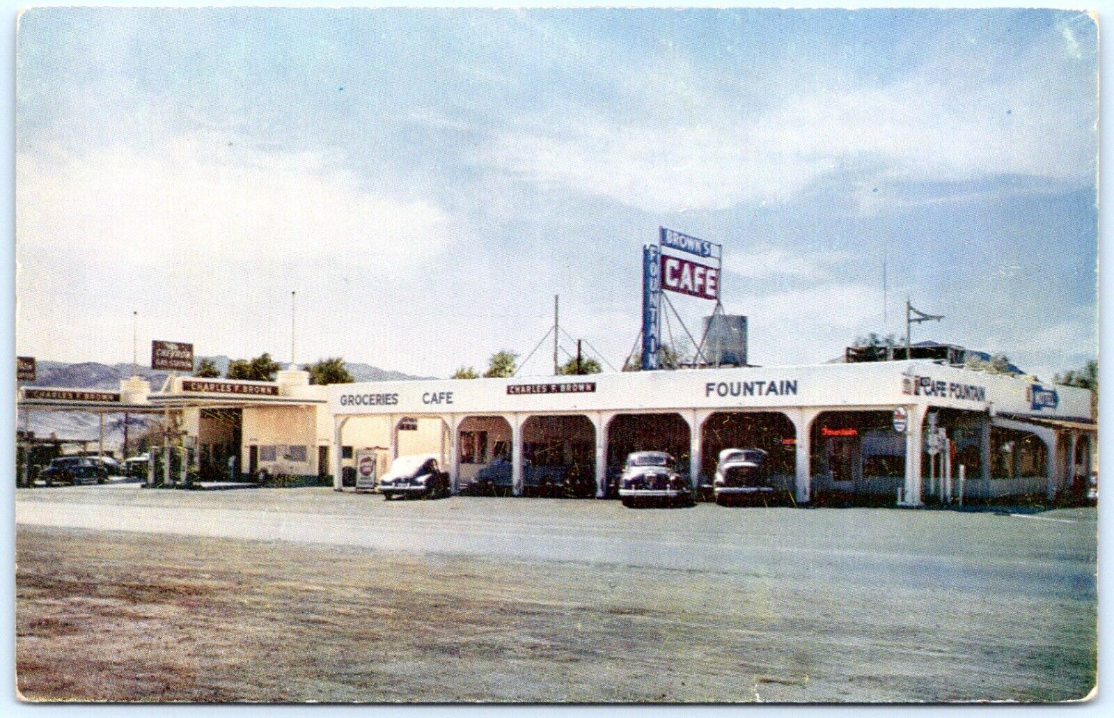 Postcard CA Baker California Charles Brown Chevron Service Station Cafe P8A