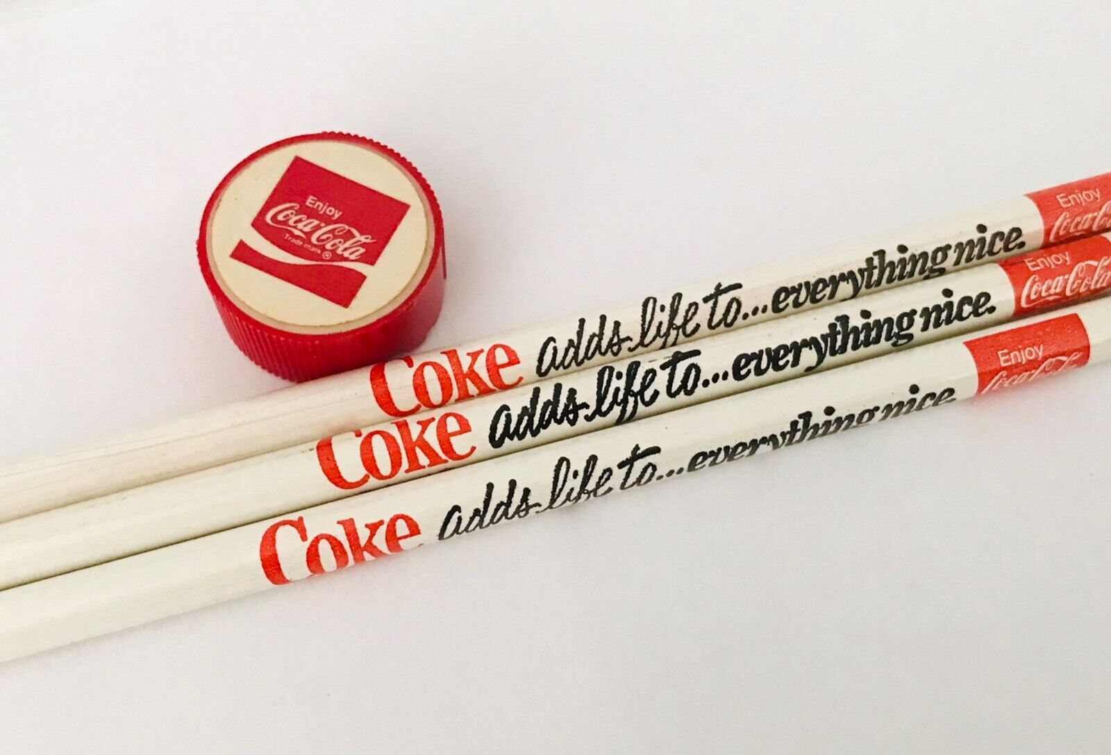 Set of 3 Coke Adds Life to Everything Nice Pencils & 1 Pencil Sharpener Vintage