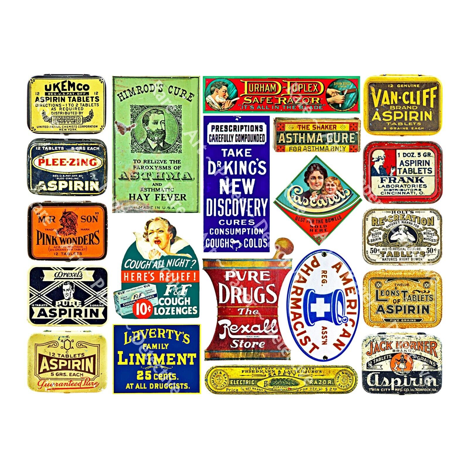 Pharmacy Signs & Aspirin Tin Stickers, Apothecary Labels, Cut & Peel Sheet, 788