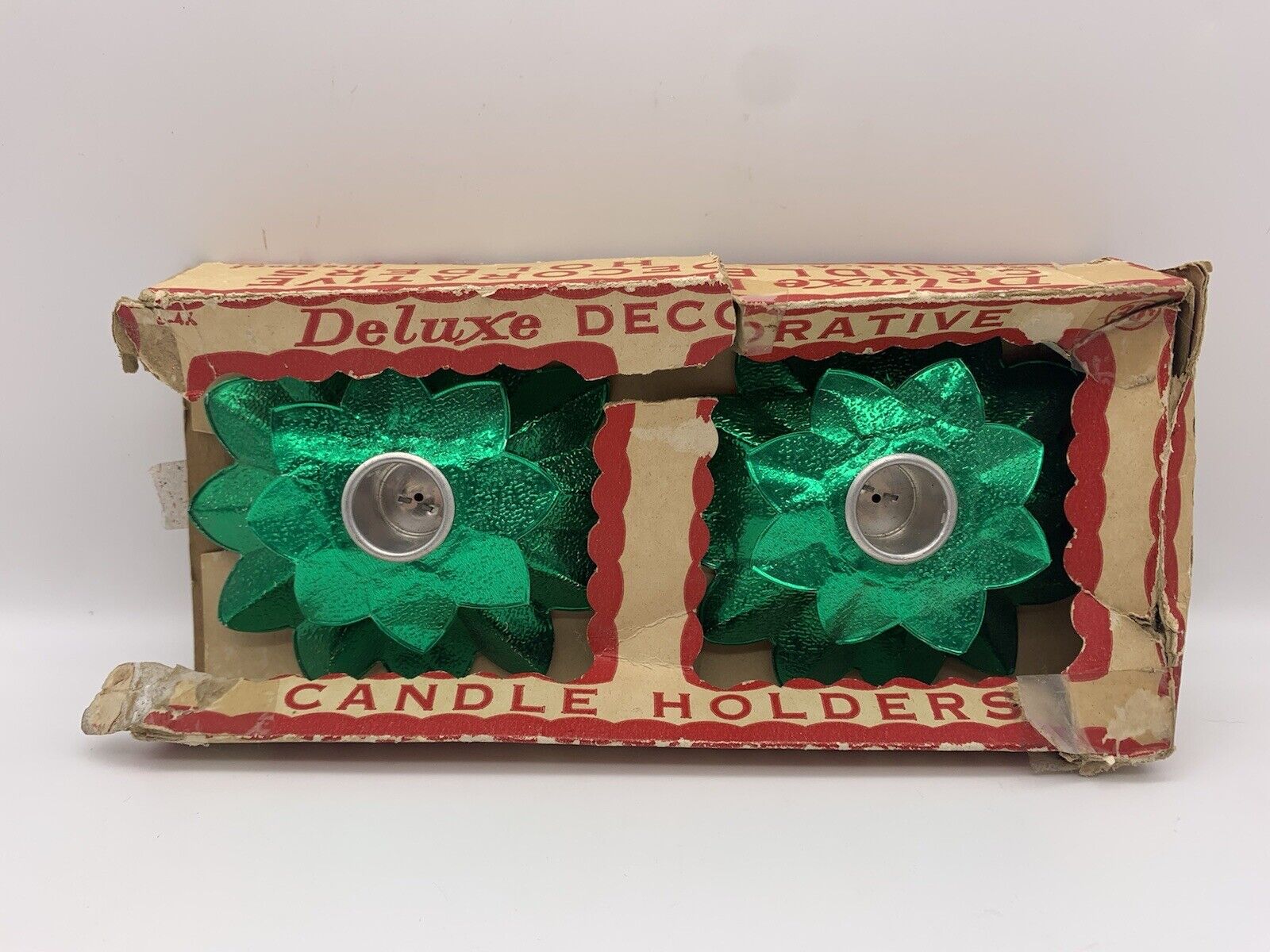Vintage Green Deluxe Decorative Tin Christmas Candle Holder Set USA Fireproof