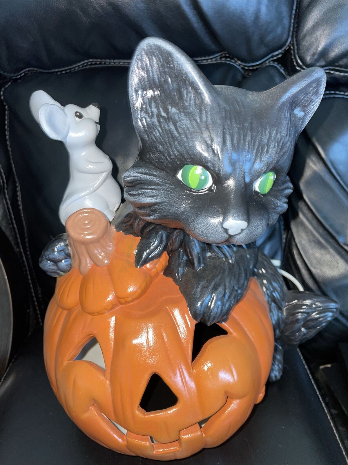 Vintage Ceramic Black Cat With Pumpkin & Mouse Halloween Decoration Lights Up