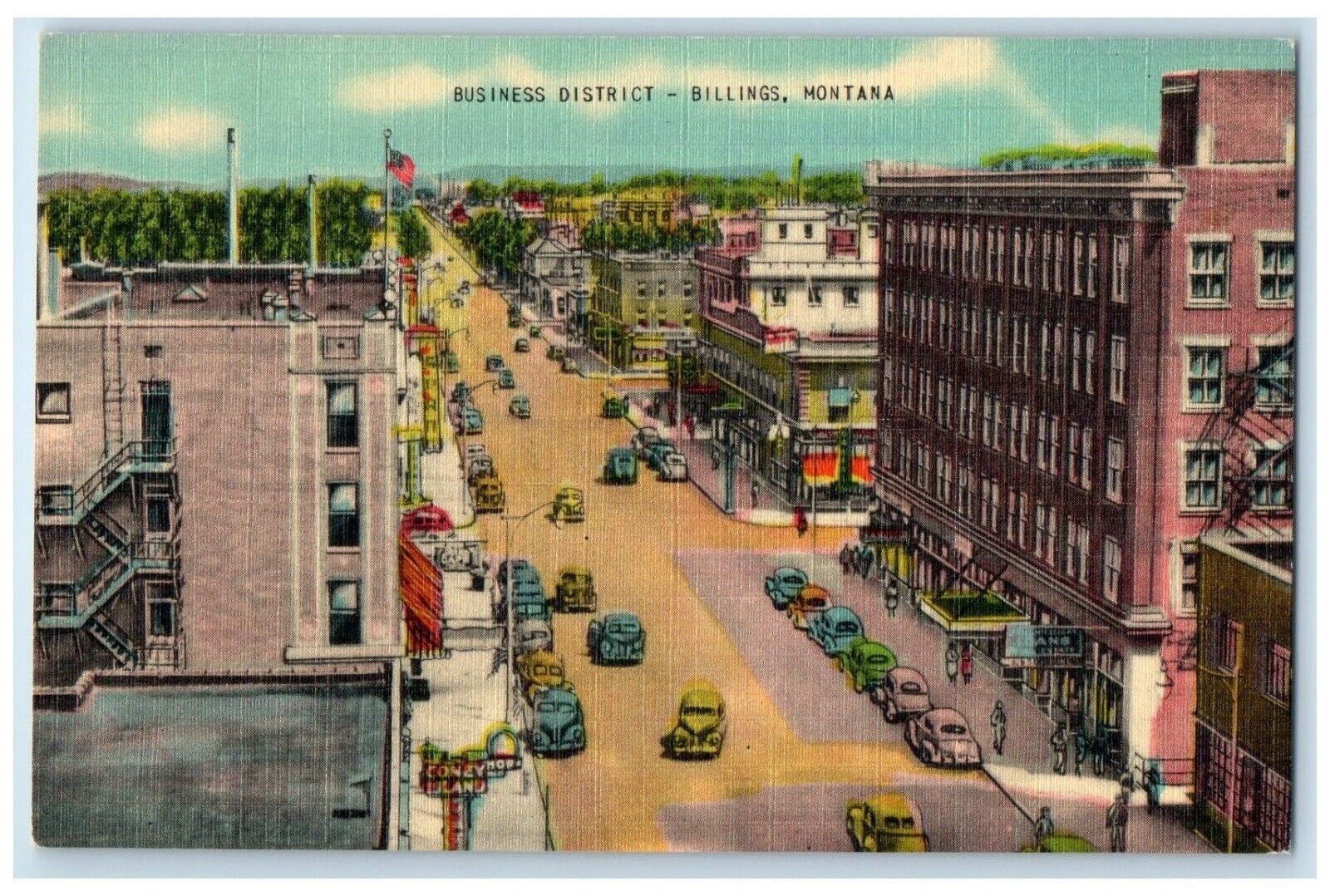 c1940 Business District Classic Cars Exterior Building Billings Montana Postcard