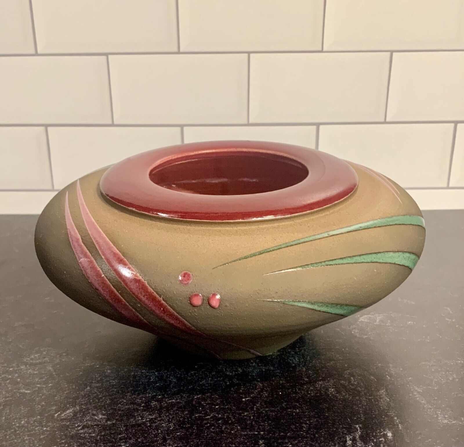 8” Rd Beautiful Studio Pottery Planter With Cranberry and Green Accents - SIGNED