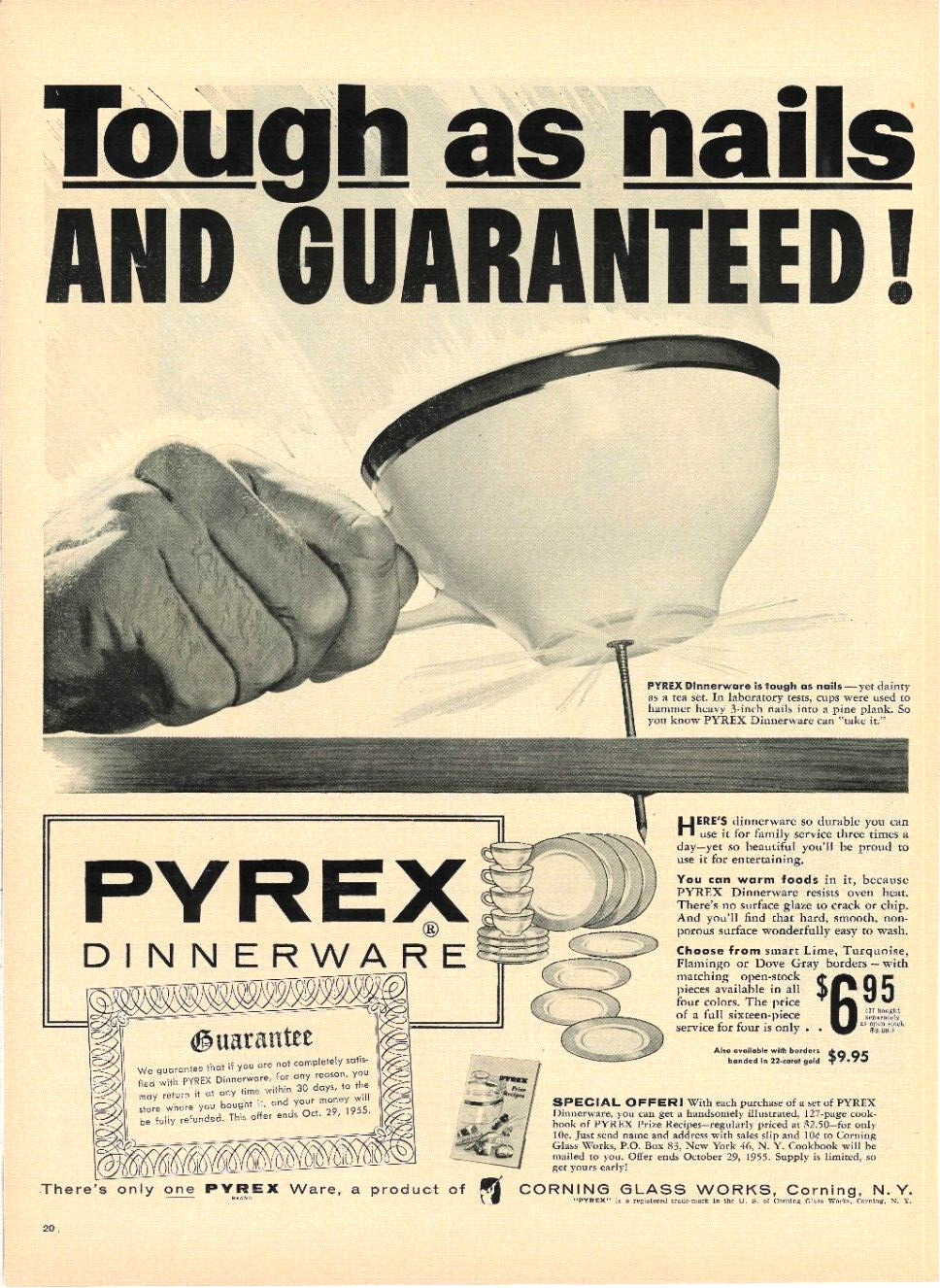 1955 PYREX DINNERWARE Vintage Print Ad Corning Glass Works NY Plate Bowl Cup