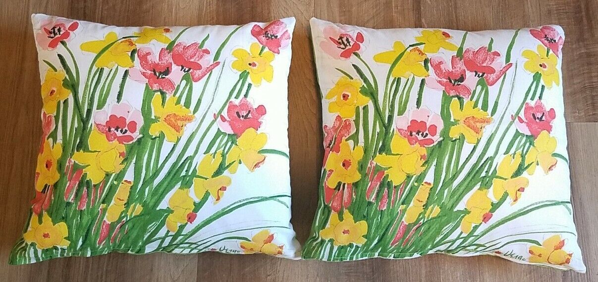 Vera Neumann Throw Pillows Lot of Two Matching Floral Green Yellow Pink 