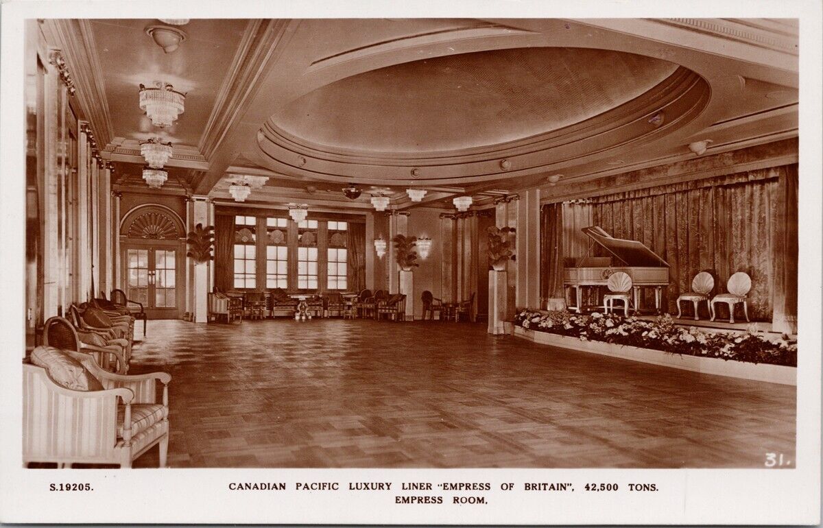 CP Liner \'Empress of Britain\' Ship Empress Room Piano Kingsway RPPC Postcard H52