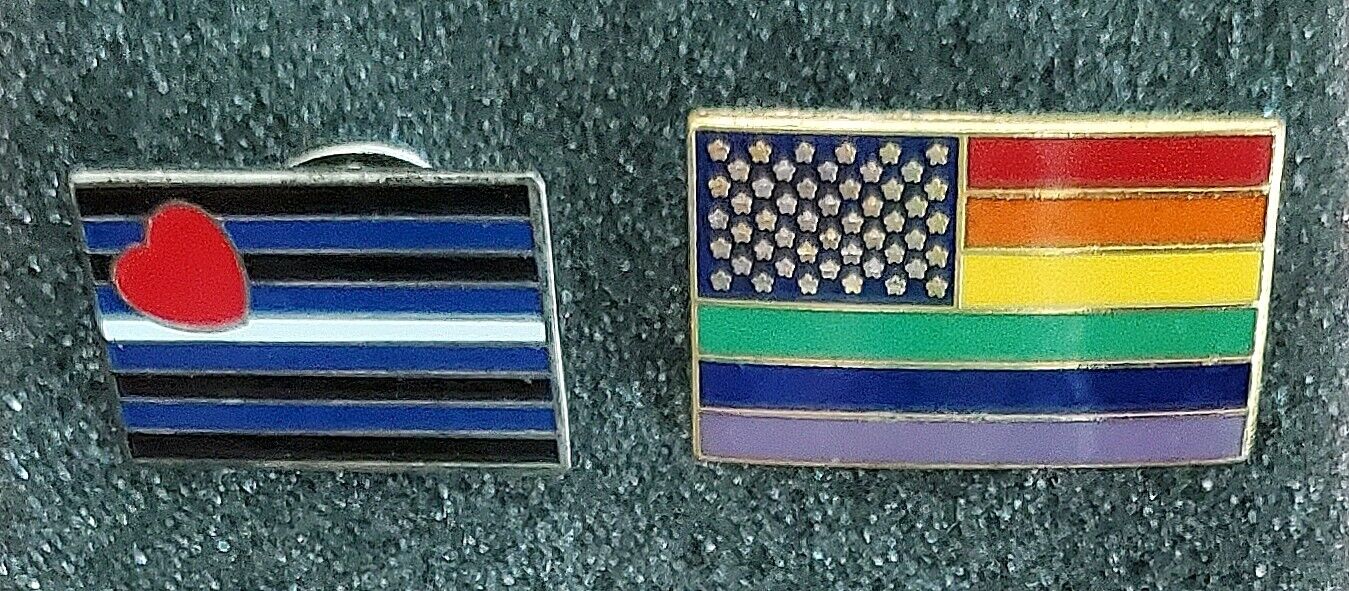 VINTAGE 1990's LBGTQIA Gay Rainbow Pride US Flag and Leather Pride Flag Hat Pins