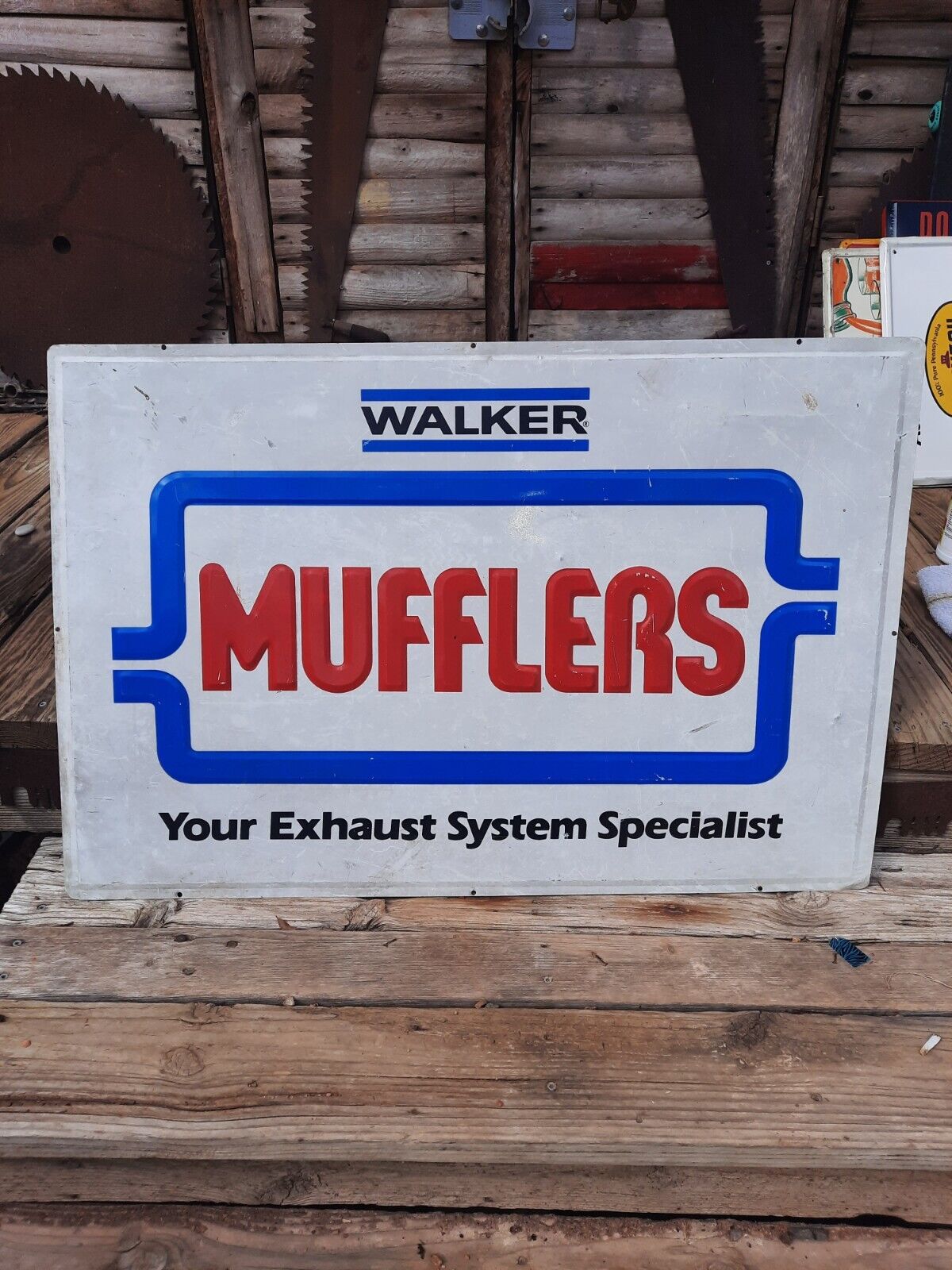 Rare version Vintage Walker mufflers advertisement sign embossed letters 3\'×2\'