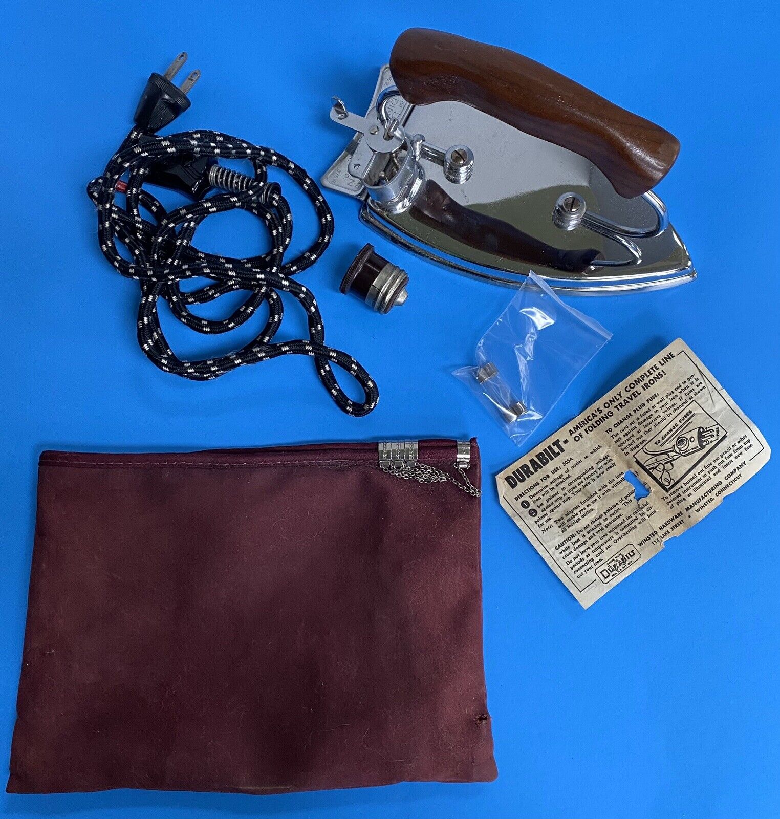 Vintage Durabilt #181 Folding Travel Iron Winsted Hardware MFG TESTED WORKS EUC