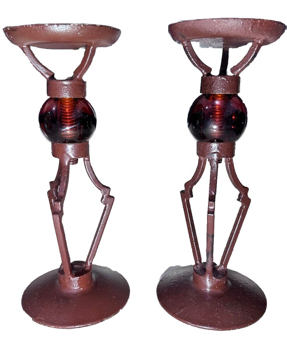 2 Brutalist Gothic Candle Holders Cast Iron With Amber Glass Ball Sphere Set-2