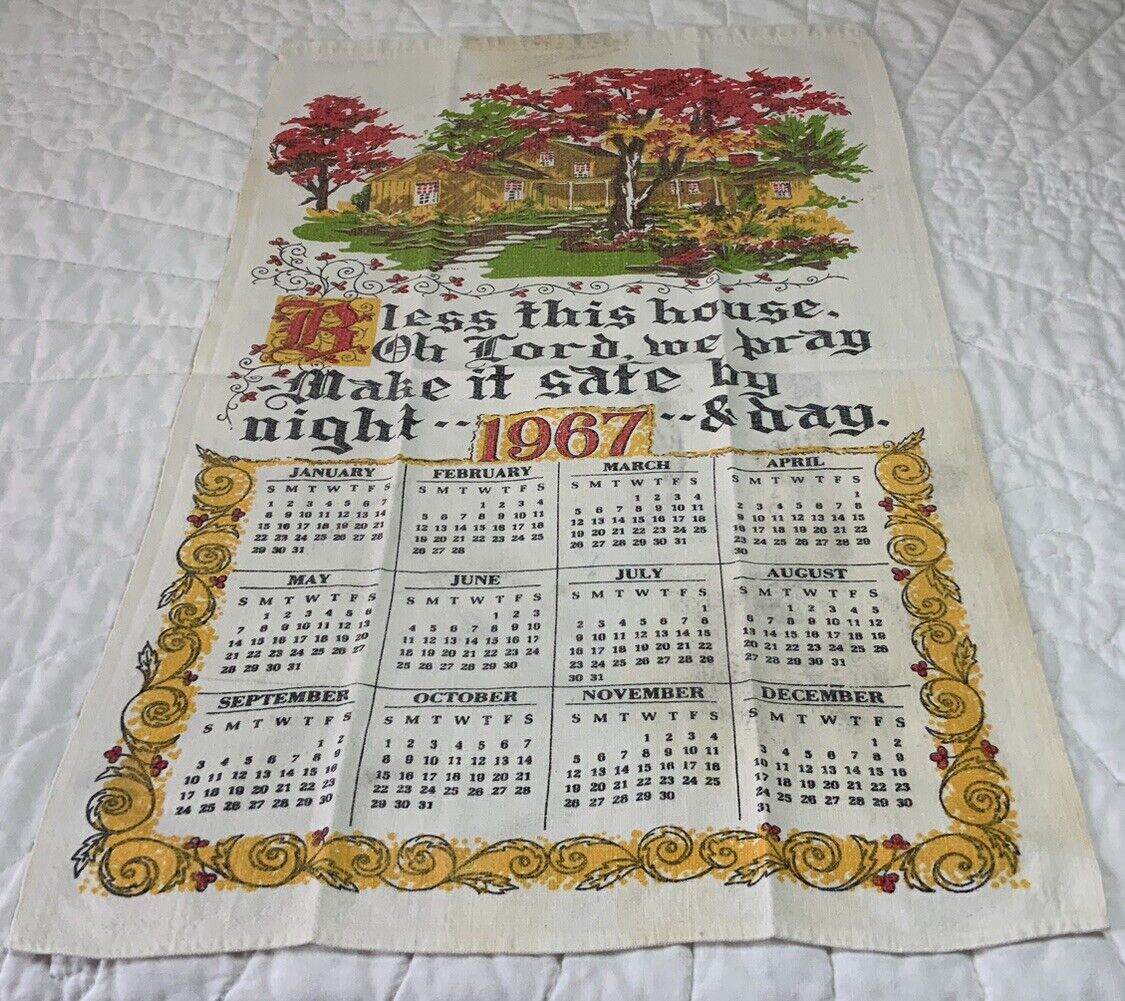 Vintage Kitchen Calendar Towel, 1967, Bless This House, Prayer, House, As Is