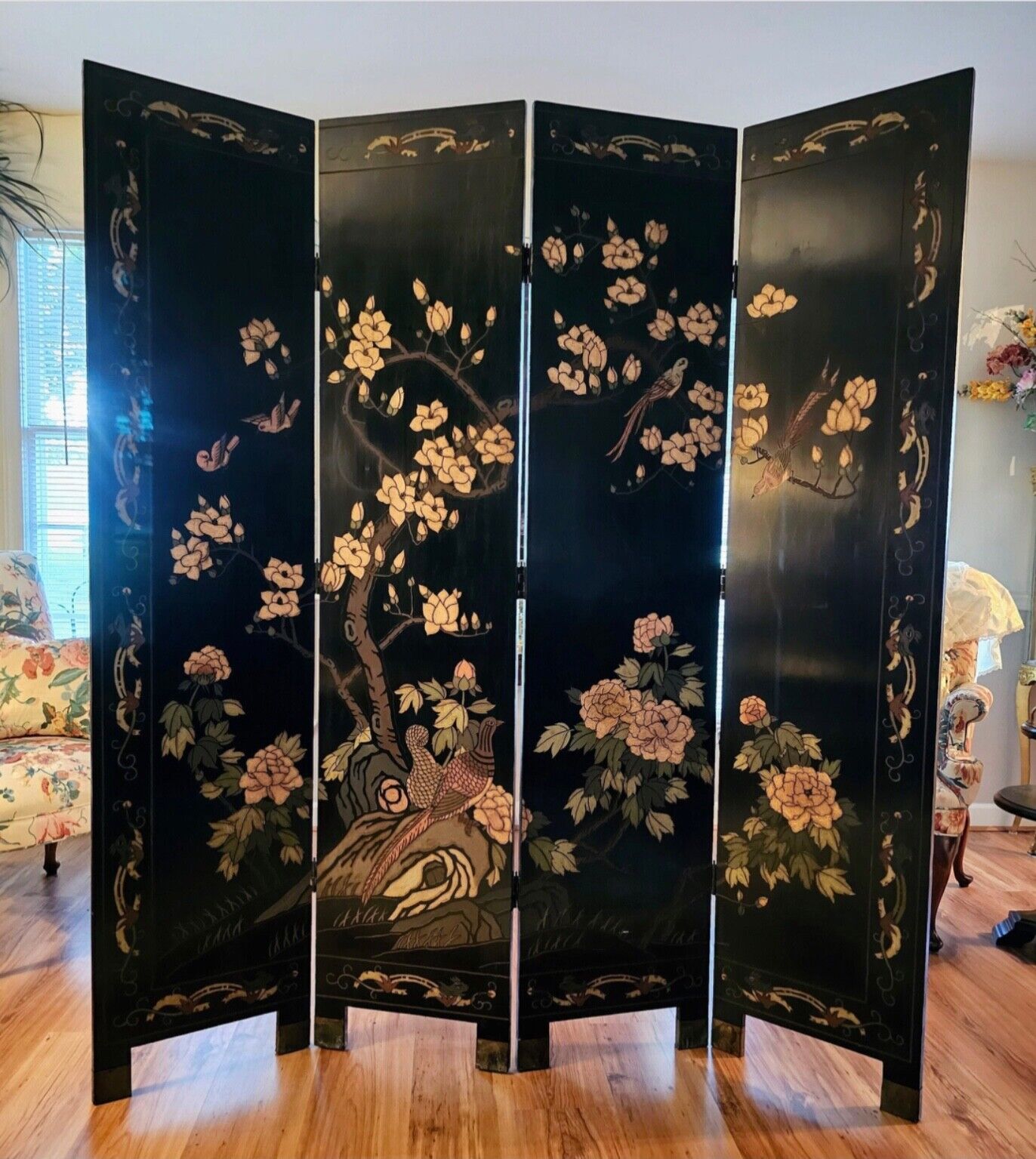 Vintage Mid 20th Century Asian-Four Folding Panels- Asian Black Lacquered Panel