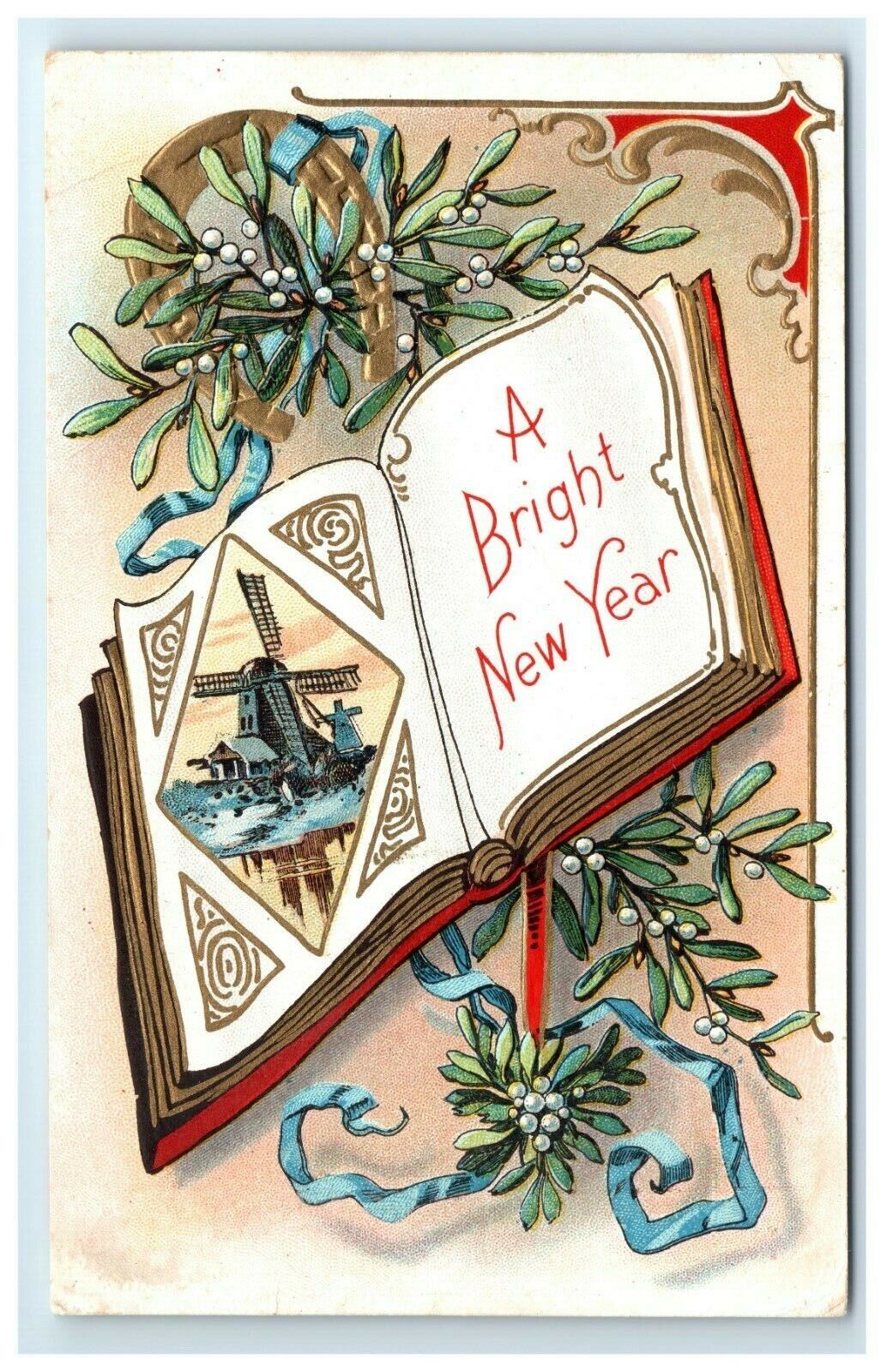 Postcard A Bright New Year horseshoe windmill book blue ribbons embossed F18