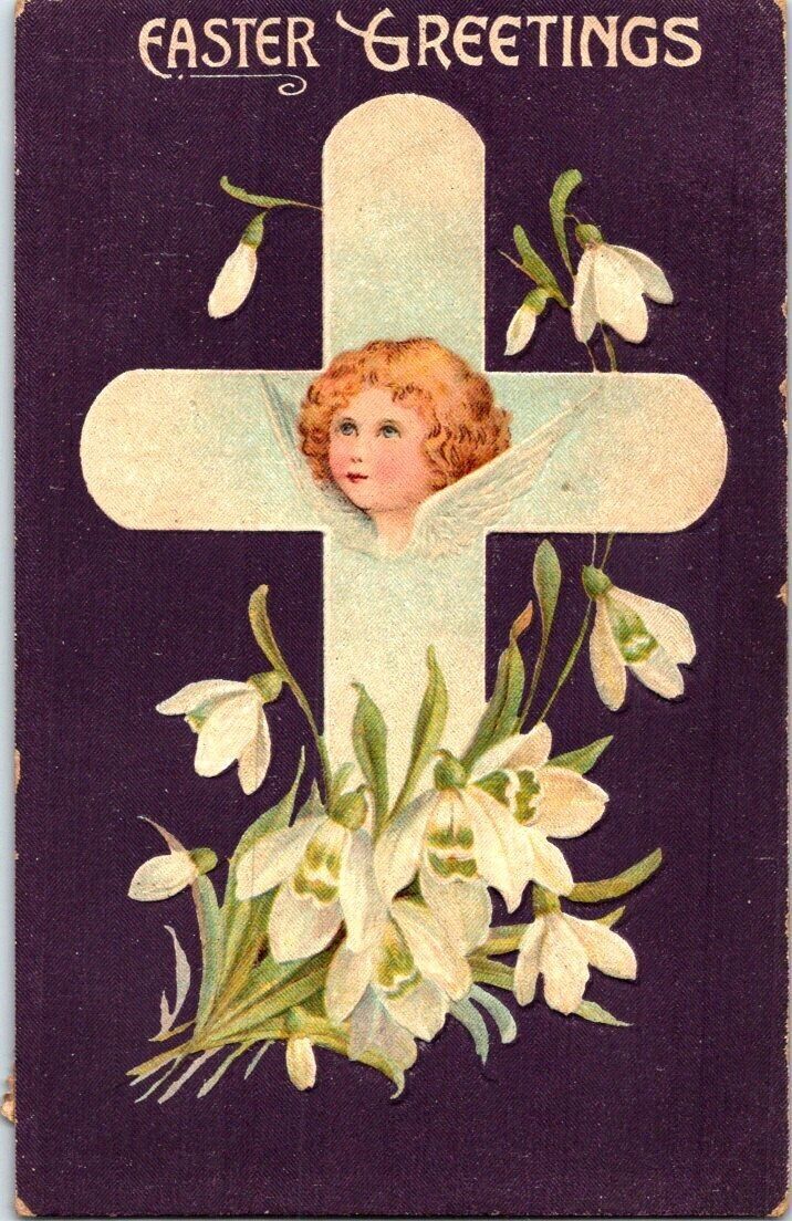 c.1910 Easter Greetings Postcard Cross Angel Girl Snowdrops Carrollton OH