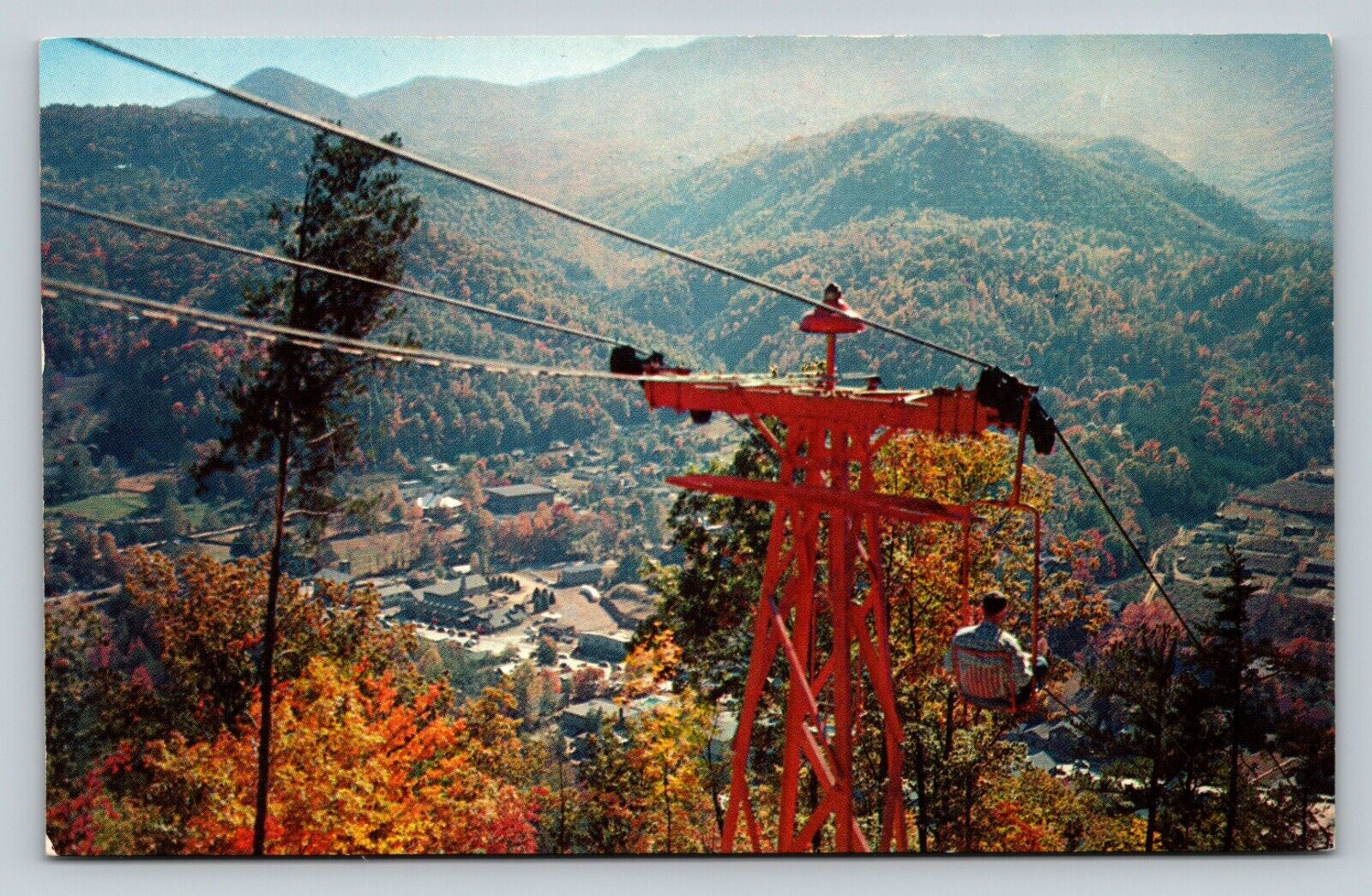 c1957 Man on Gatlinburg Skylift over Mountains Tennessee Vintage Postcard 1843