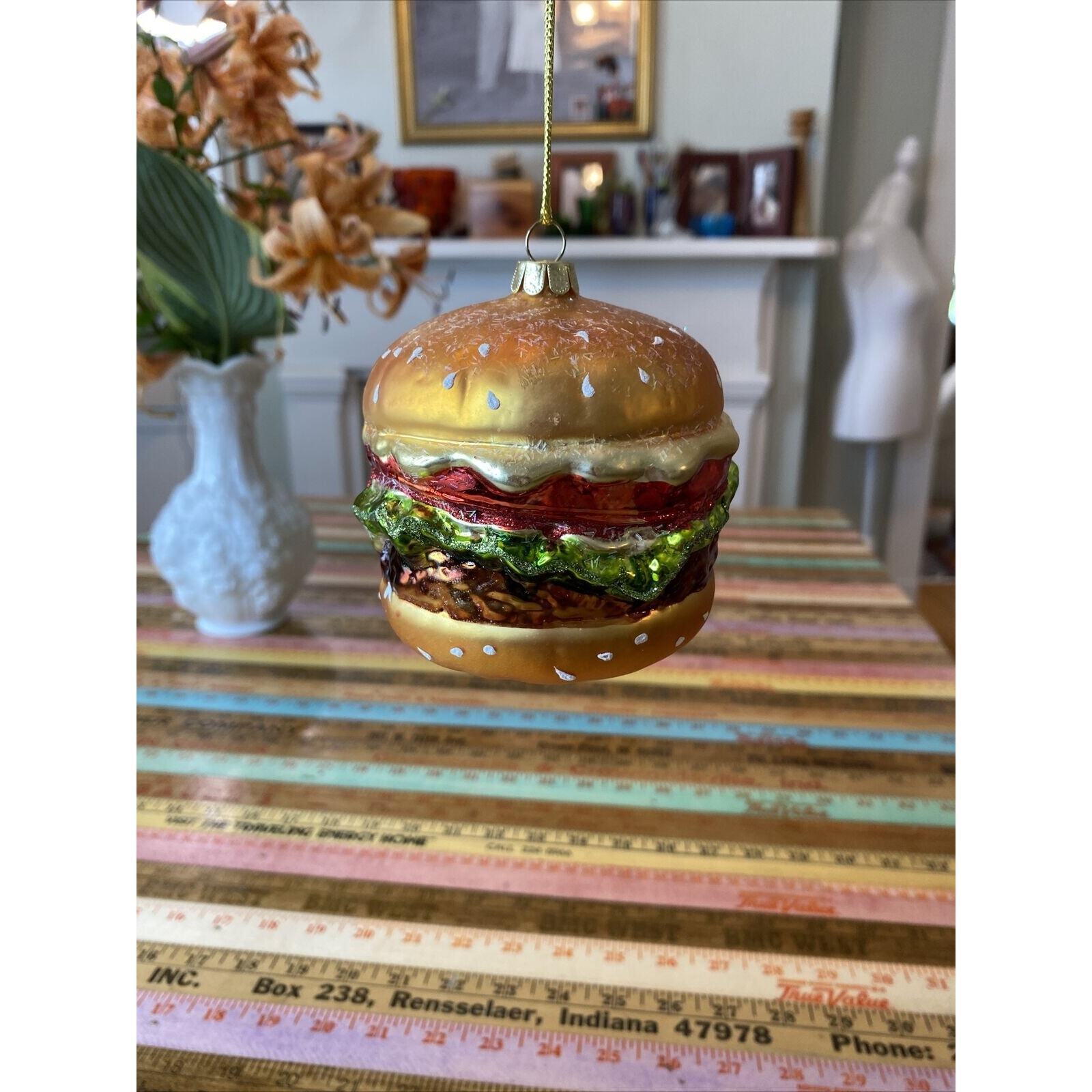 Hamburger Cheeseburger Christmas Ornament Hand Blown ART Glass Burger