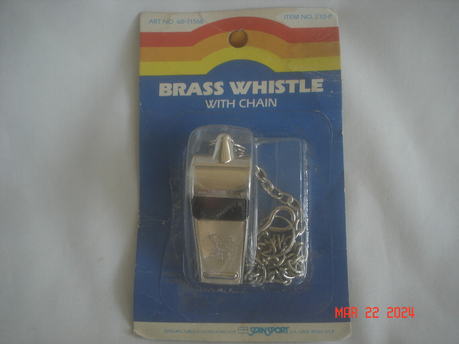 NEW in PACKAGE Vintage STANSPORT BRASS WHISTLE with CHAIN No. 233-P Hong Kong