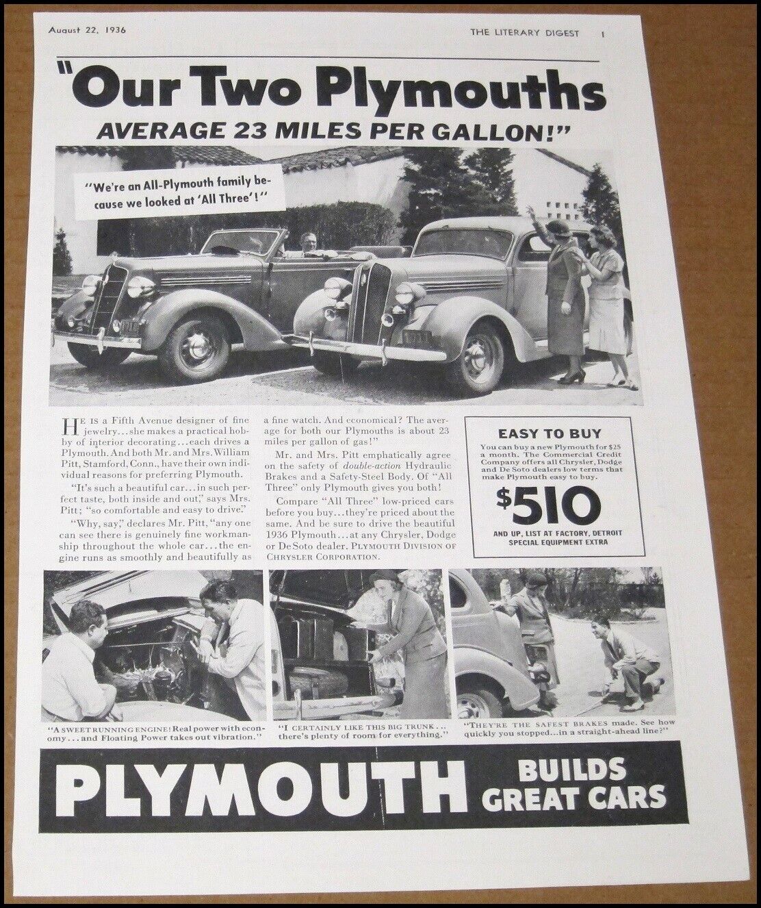 1936 Plymouth Print Ad Car Automobile Auto Advertisement Vintage Chrysler 2