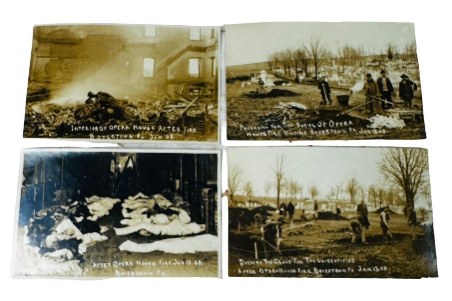 Set of 4 RPPC vtg boyertown opera house fire postcard Victims unposted 1908
